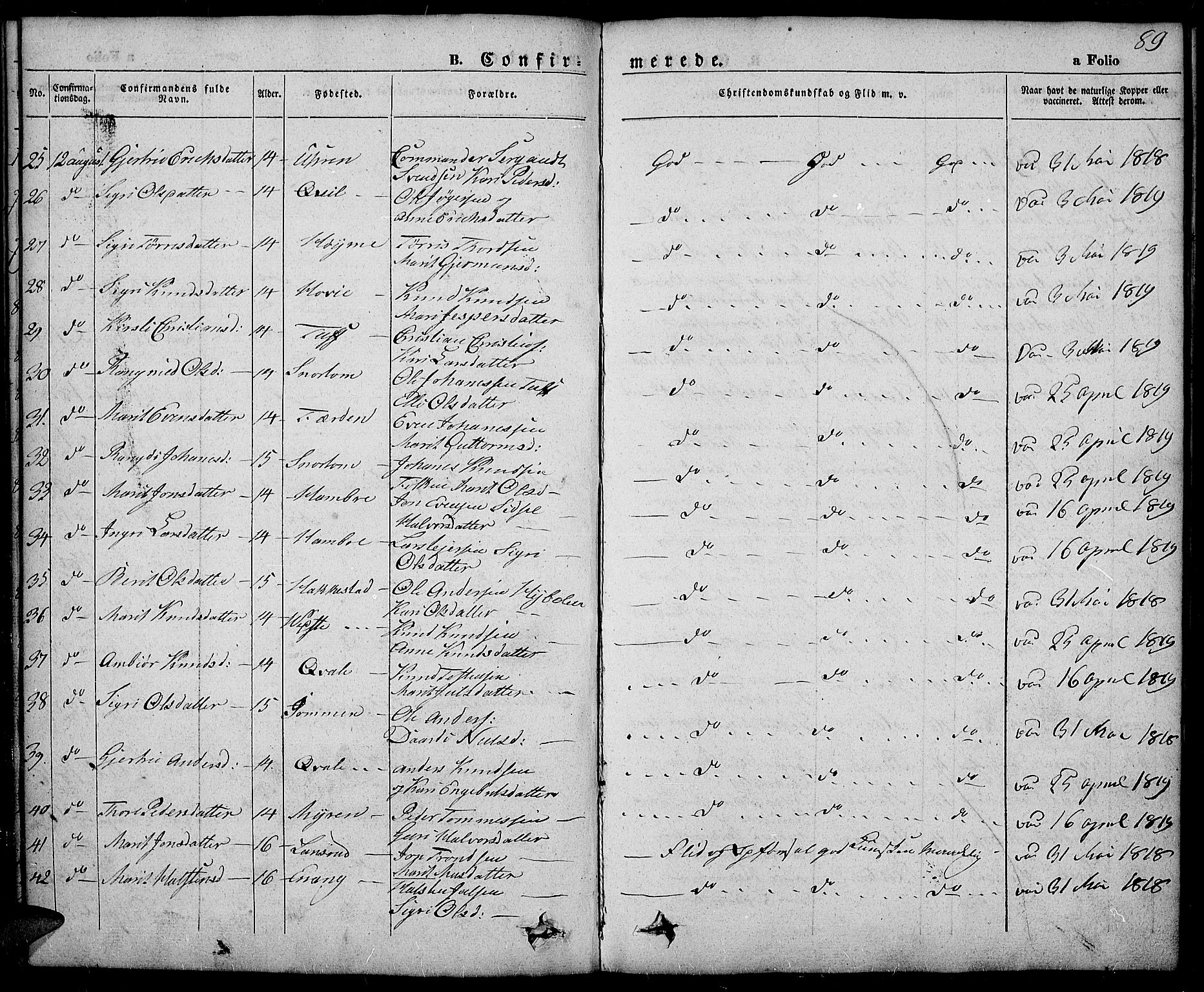 Slidre prestekontor, SAH/PREST-134/H/Ha/Haa/L0003: Parish register (official) no. 3, 1831-1843, p. 89