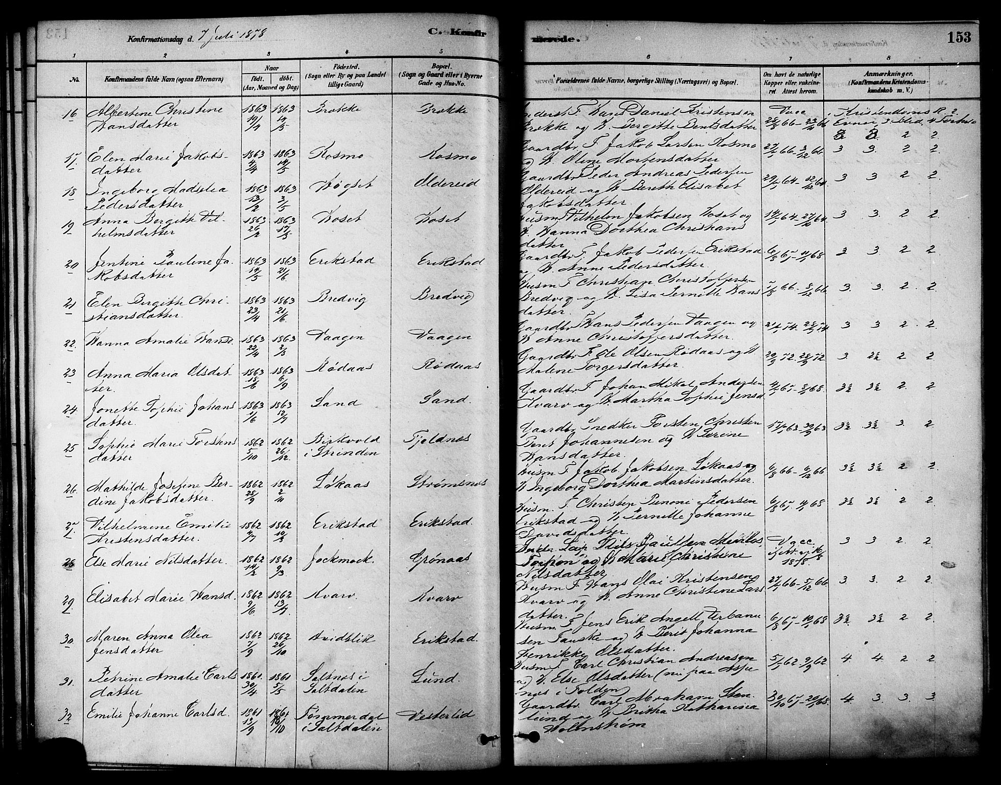 Ministerialprotokoller, klokkerbøker og fødselsregistre - Nordland, AV/SAT-A-1459/852/L0740: Parish register (official) no. 852A10, 1878-1894, p. 153