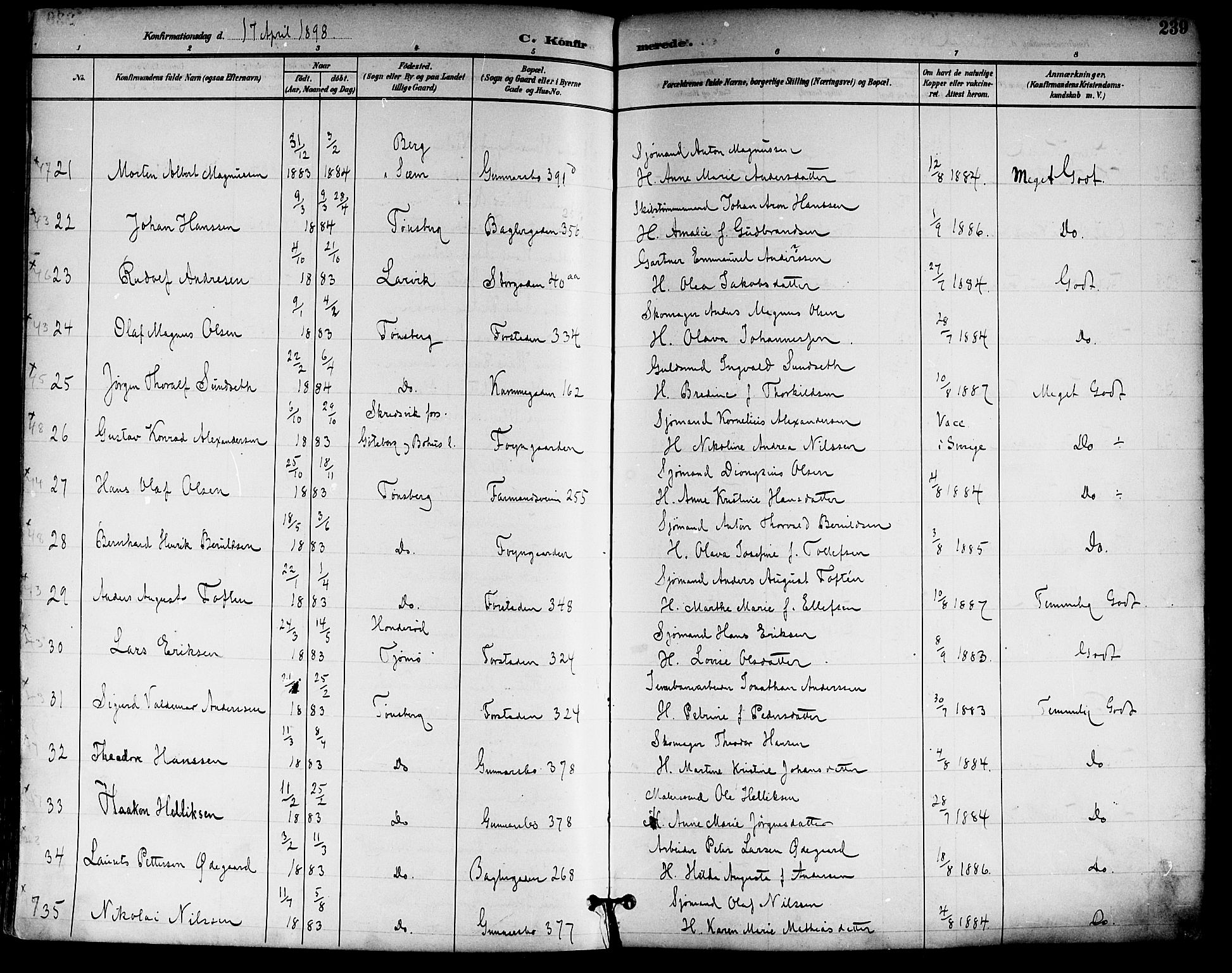 Tønsberg kirkebøker, AV/SAKO-A-330/F/Fa/L0012: Parish register (official) no. I 12, 1891-1899, p. 239