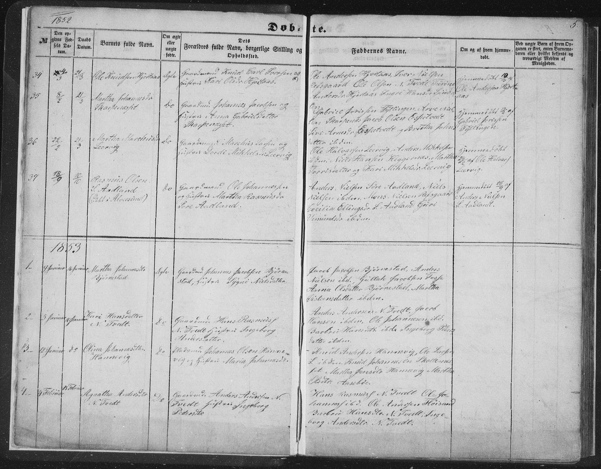 Alversund Sokneprestembete, SAB/A-73901/H/Ha/Hab: Parish register (copy) no. C 1, 1851-1866, p. 5
