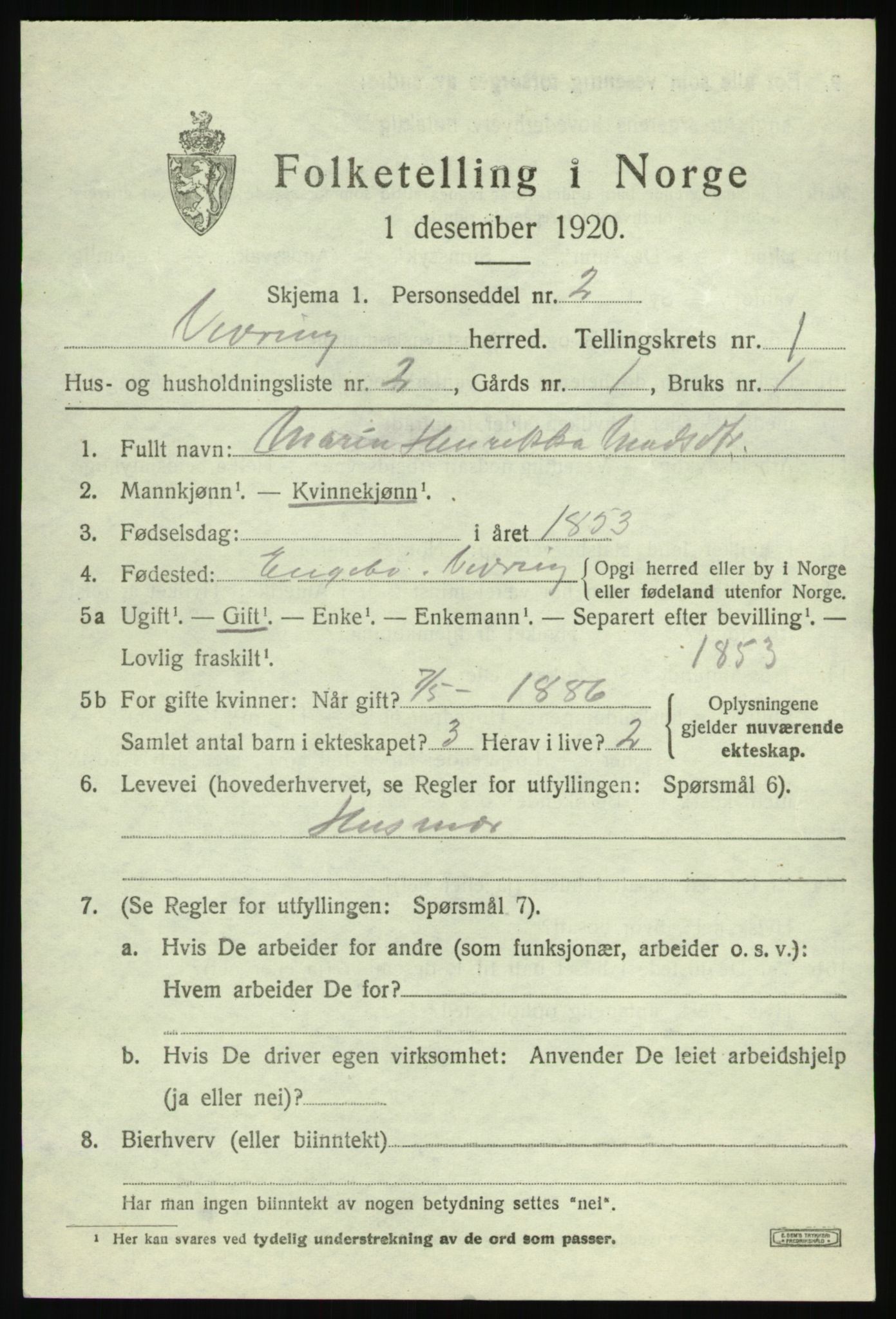 SAB, 1920 census for Vevring, 1920, p. 446