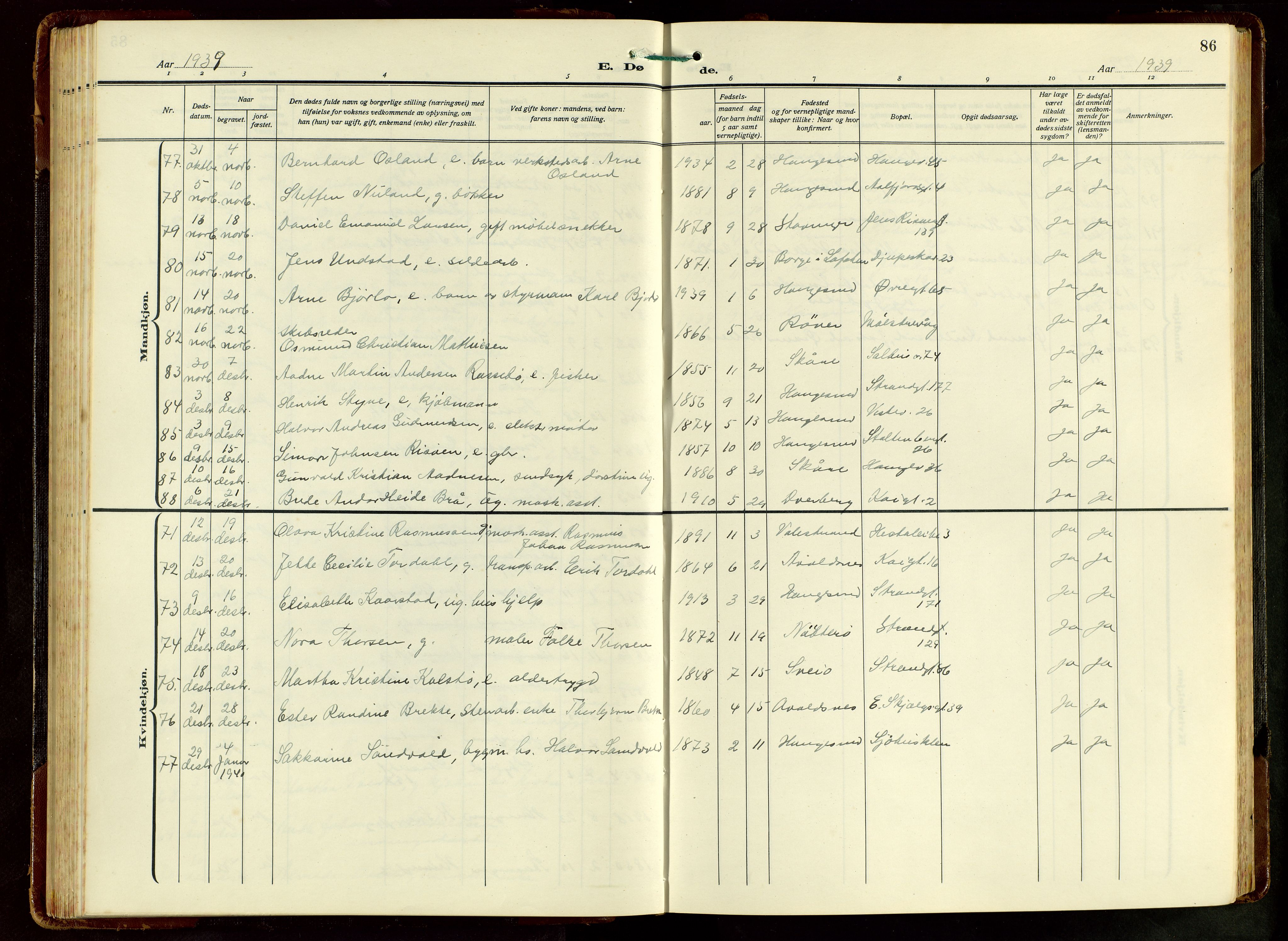 Haugesund sokneprestkontor, AV/SAST-A -101863/H/Ha/Hab/L0012: Parish register (copy) no. B 12, 1930-1958, p. 86