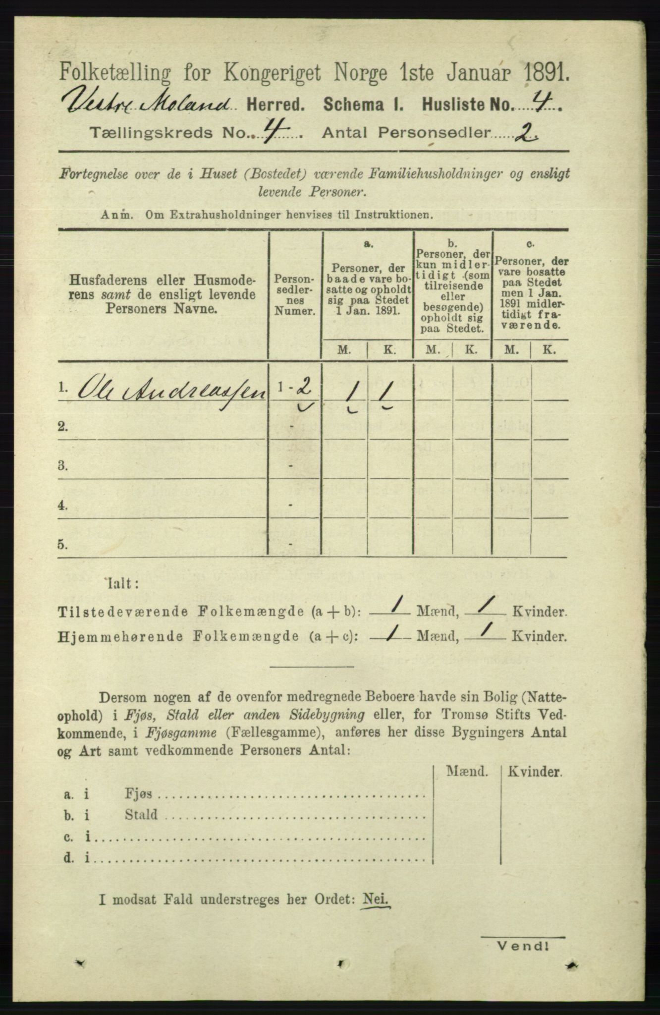 RA, 1891 census for 0926 Vestre Moland, 1891, p. 1145