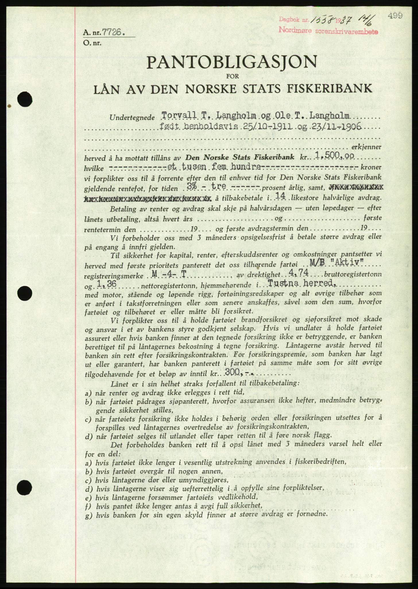 Nordmøre sorenskriveri, AV/SAT-A-4132/1/2/2Ca/L0091: Mortgage book no. B81, 1937-1937, Diary no: : 1558/1937