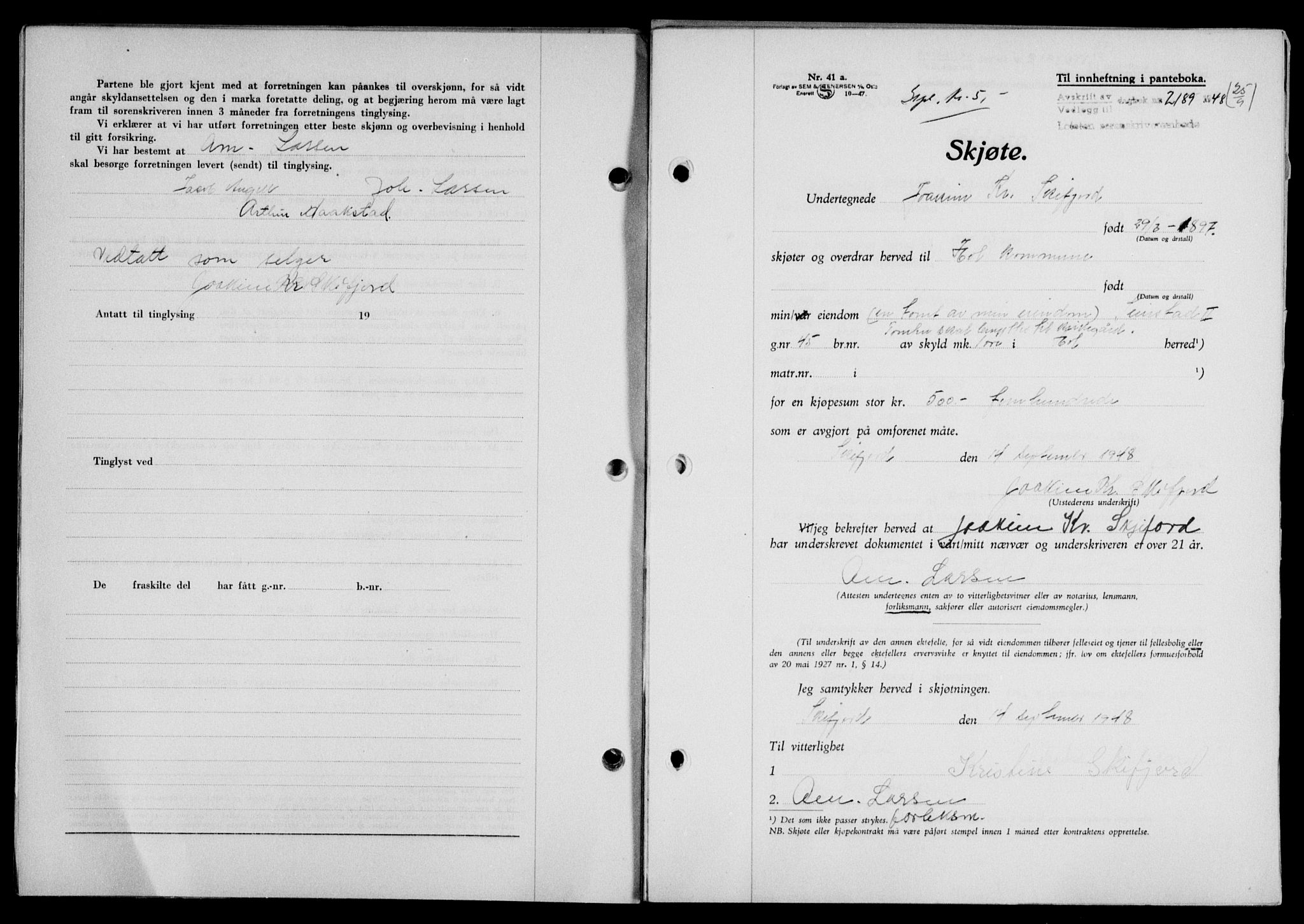 Lofoten sorenskriveri, SAT/A-0017/1/2/2C/L0019a: Mortgage book no. 19a, 1948-1948, Diary no: : 2189/1948