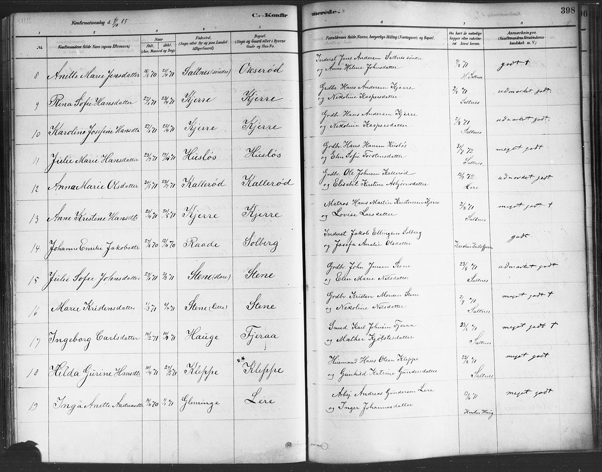 Onsøy prestekontor Kirkebøker, SAO/A-10914/F/Fa/L0005: Parish register (official) no. I 5, 1878-1898, p. 398