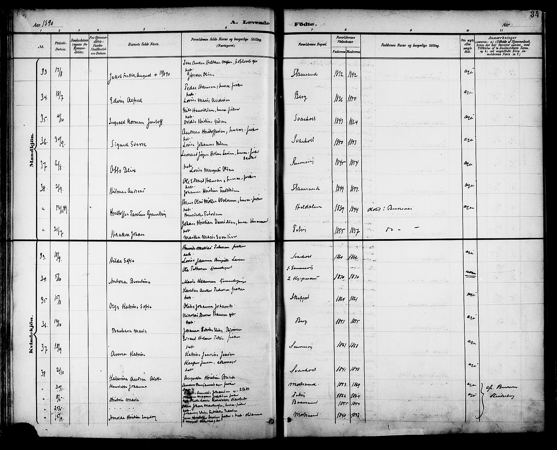 Ministerialprotokoller, klokkerbøker og fødselsregistre - Nordland, AV/SAT-A-1459/882/L1179: Parish register (official) no. 882A01, 1886-1898, p. 34