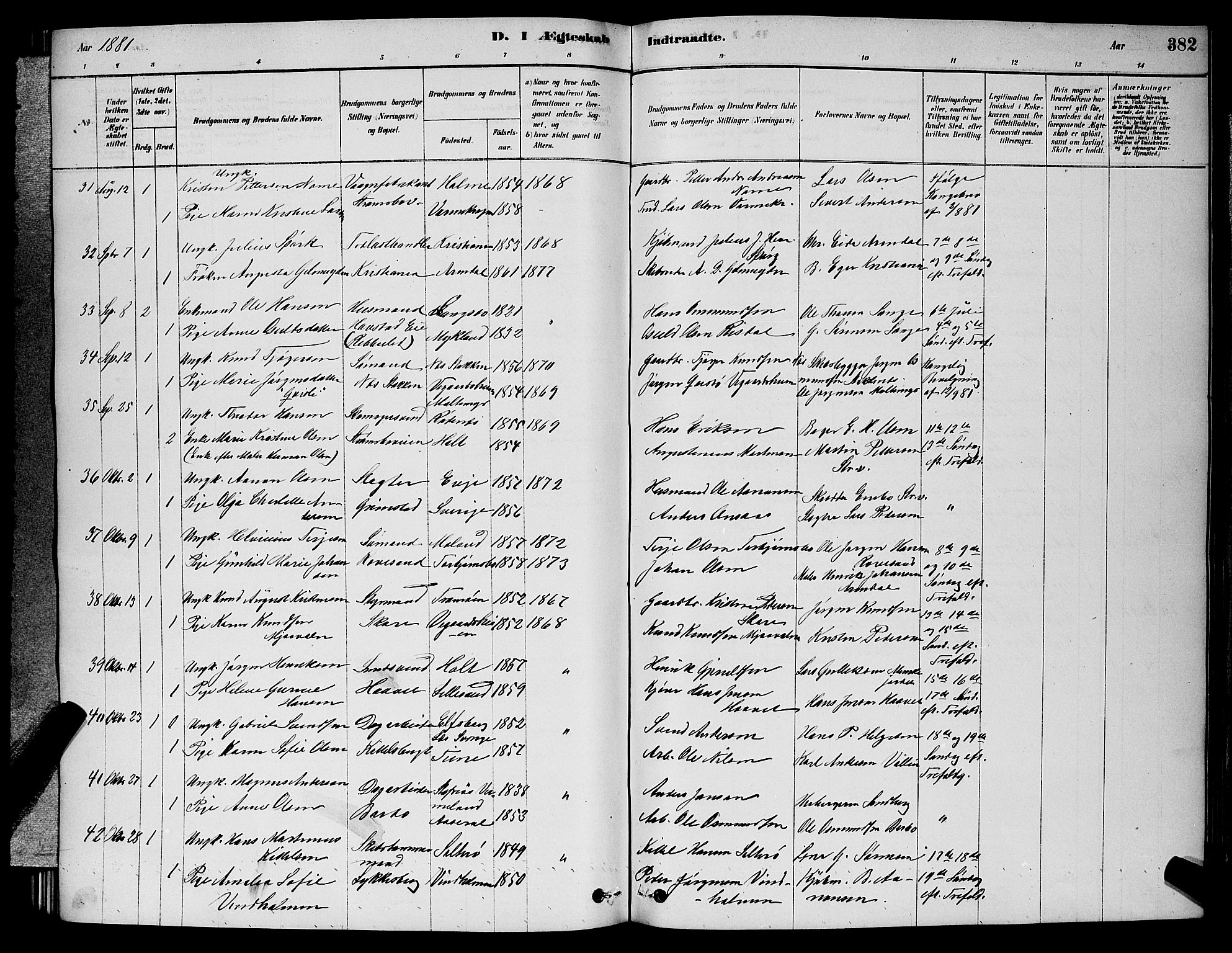 Barbu sokneprestkontor, AV/SAK-1111-0003/F/Fb/L0001: Parish register (copy) no. B 1, 1878-1890, p. 382