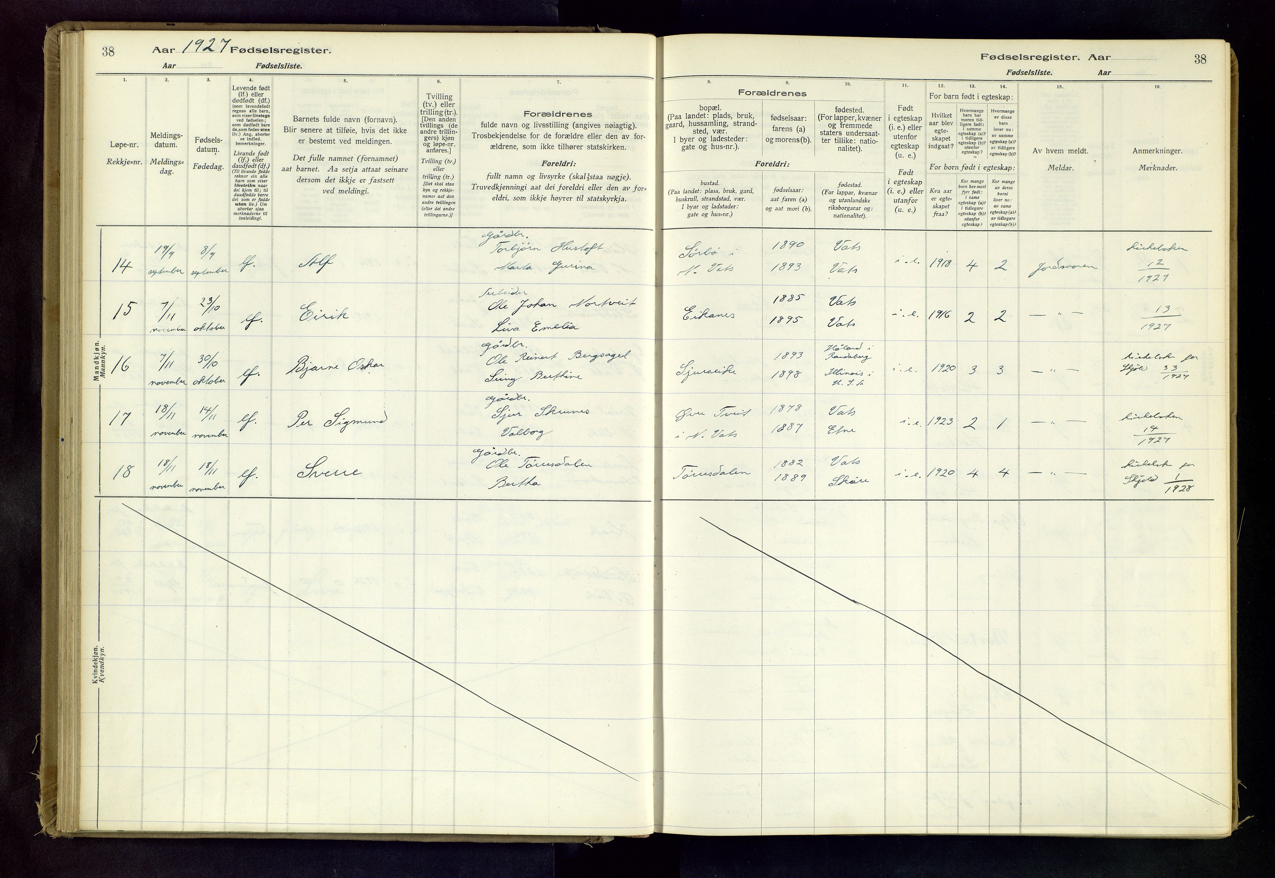 Skjold sokneprestkontor, AV/SAST-A-101847/I/Id/L0003: Birth register no. 3, 1917-1982, p. 38