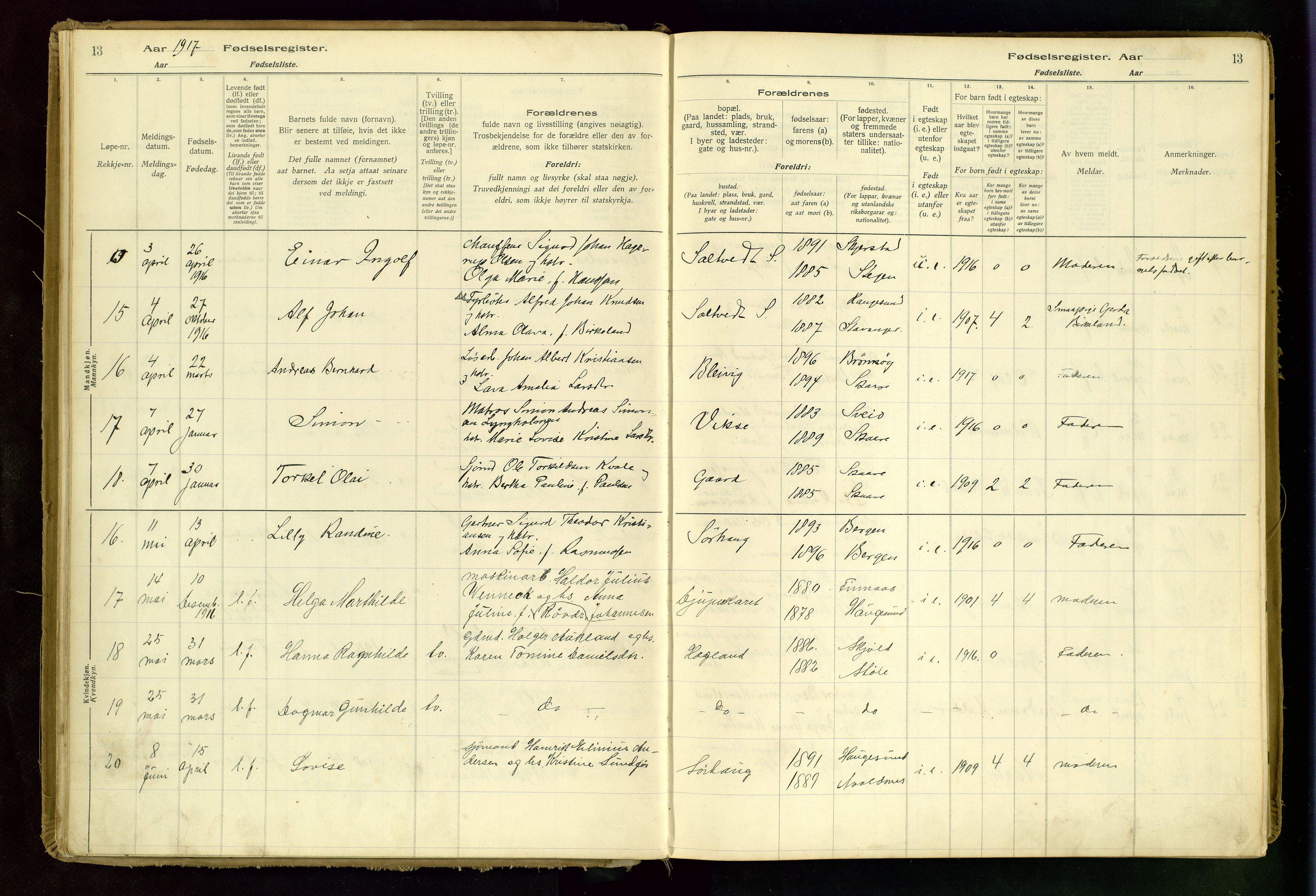Haugesund sokneprestkontor, AV/SAST-A -101863/I/Id/L0001: Birth register no. 1, 1916-1935, p. 13