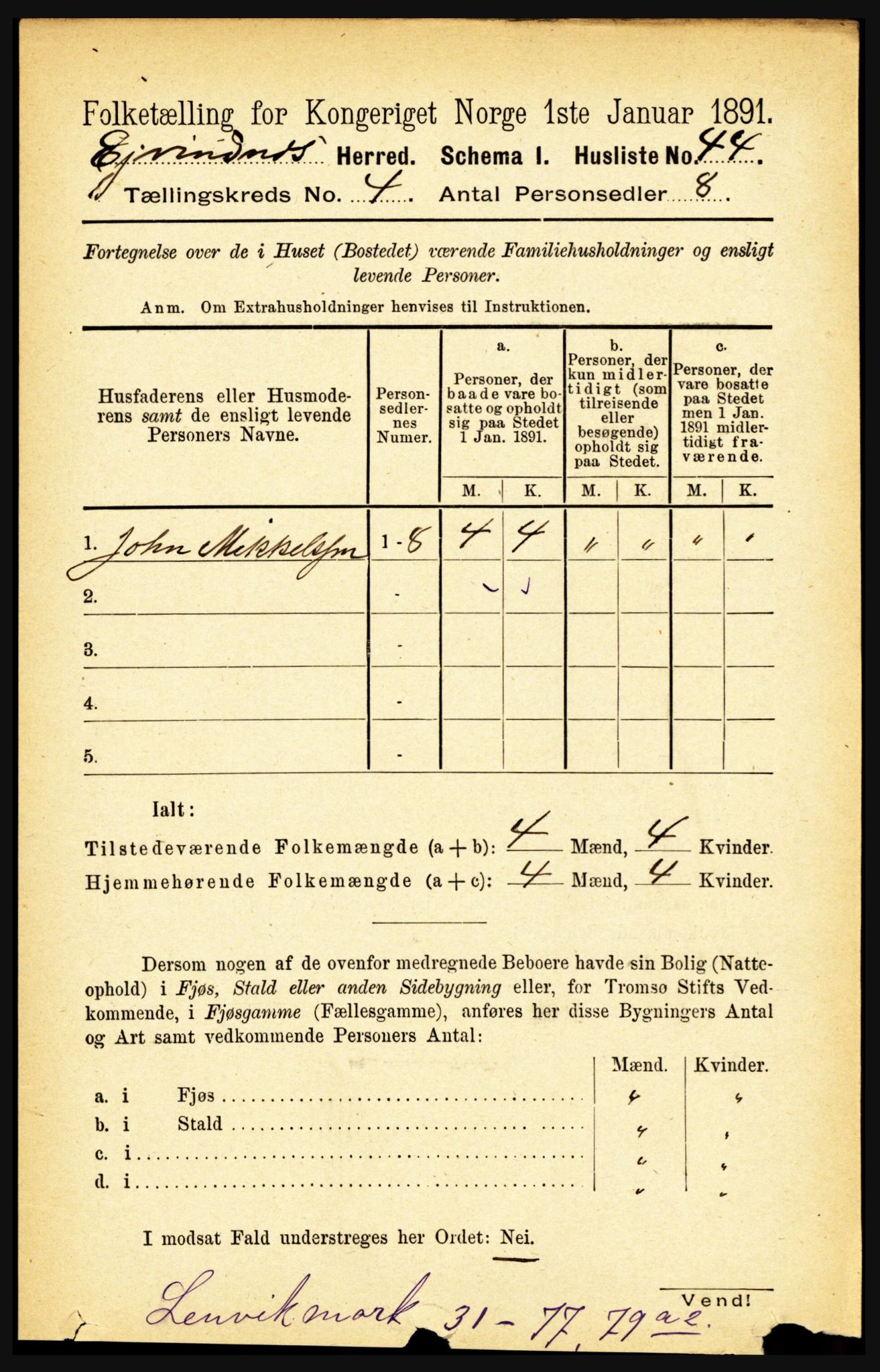 RA, 1891 census for 1853 Evenes, 1891, p. 1219