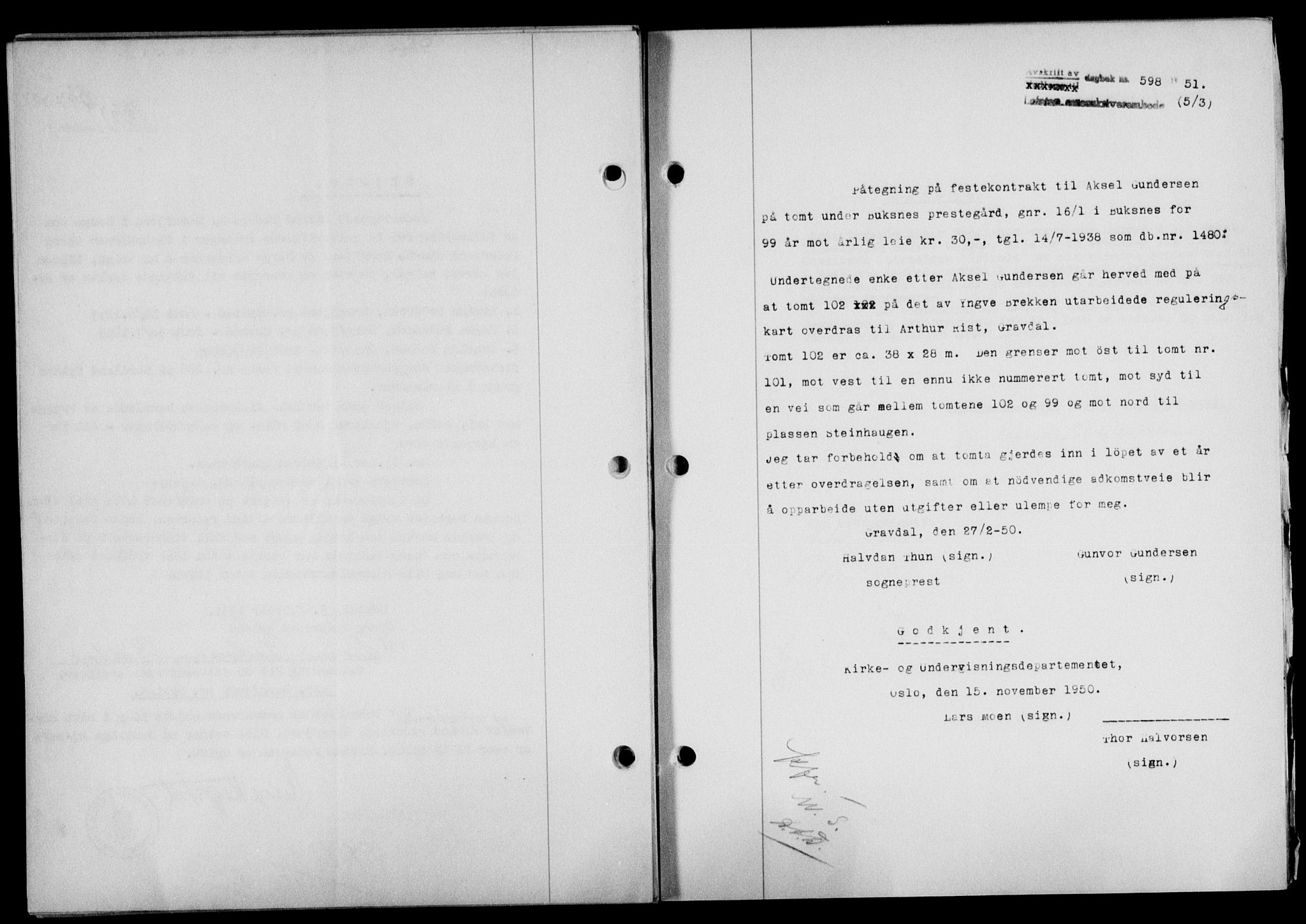 Lofoten sorenskriveri, SAT/A-0017/1/2/2C/L0025a: Mortgage book no. 25a, 1950-1951, Diary no: : 598/1951