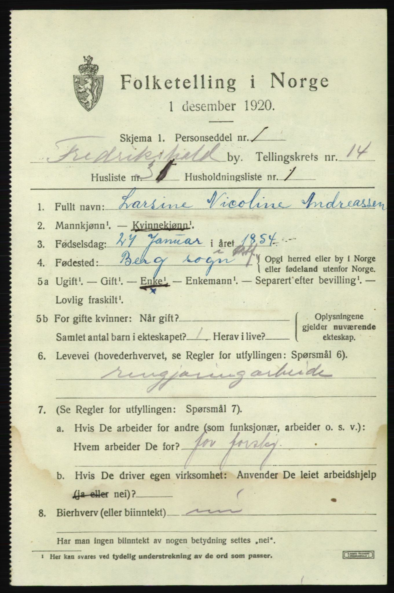 SAO, 1920 census for Fredrikshald, 1920, p. 23103