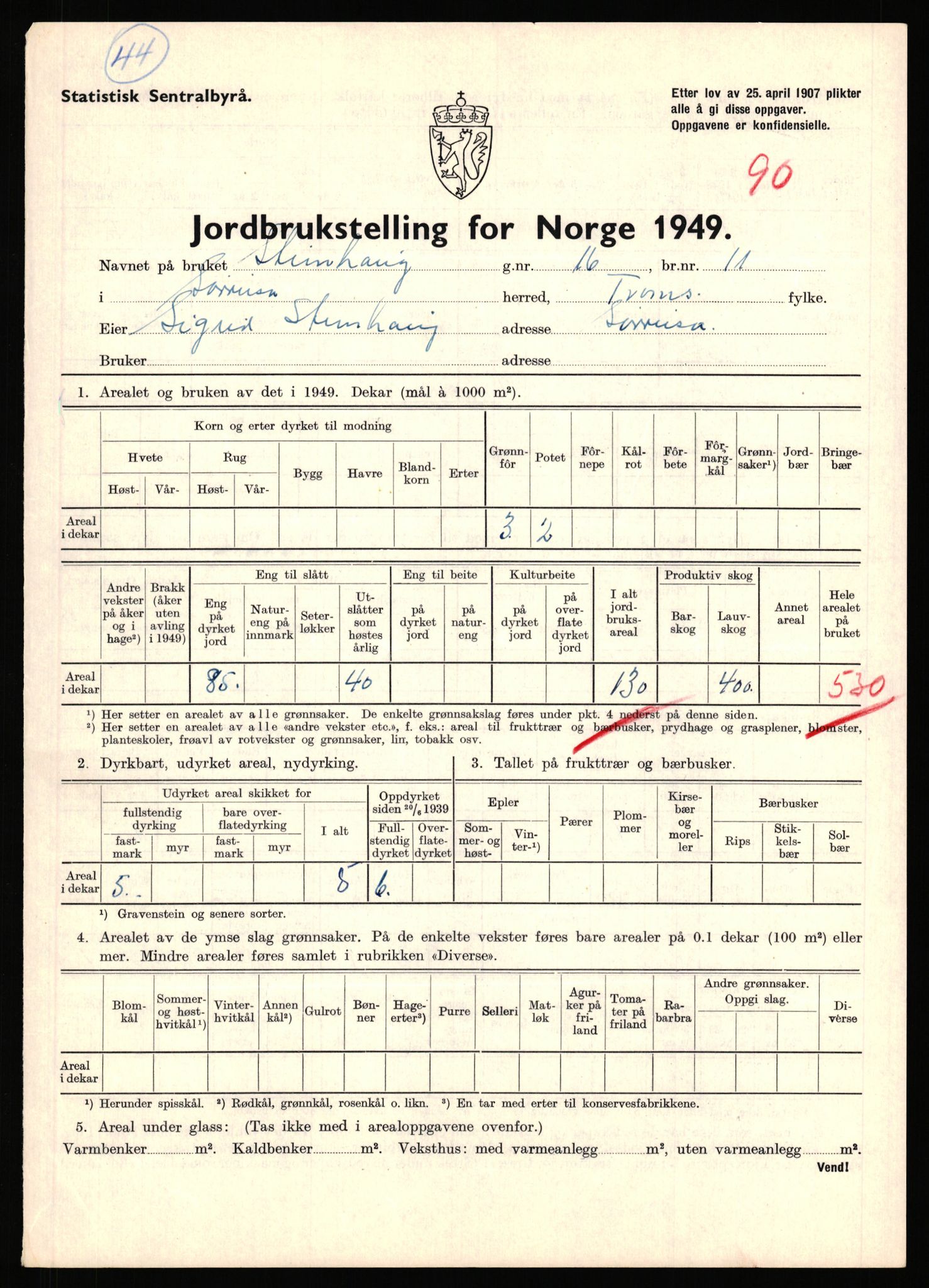 Statistisk sentralbyrå, Næringsøkonomiske emner, Jordbruk, skogbruk, jakt, fiske og fangst, AV/RA-S-2234/G/Gc/L0440: Troms: Sørreisa og Dyrøy, 1949, p. 876