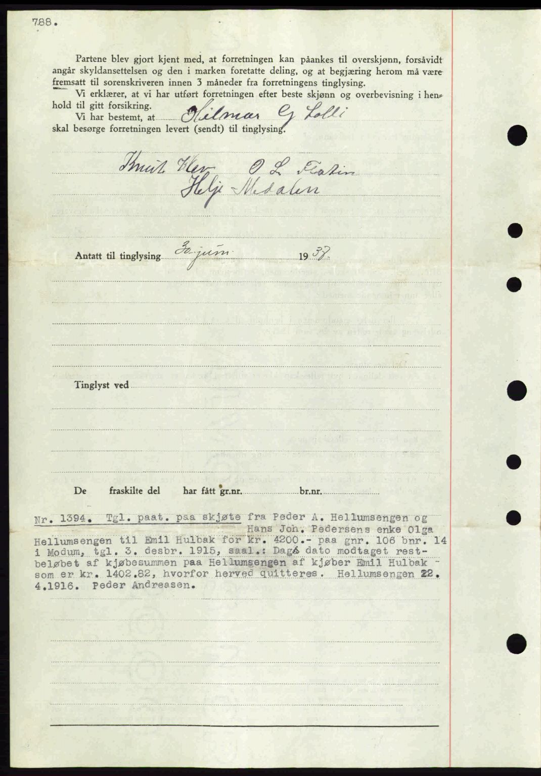 Eiker, Modum og Sigdal sorenskriveri, SAKO/A-123/G/Ga/Gab/L0035: Mortgage book no. A5, 1937-1937, Diary no: : 1394/1937