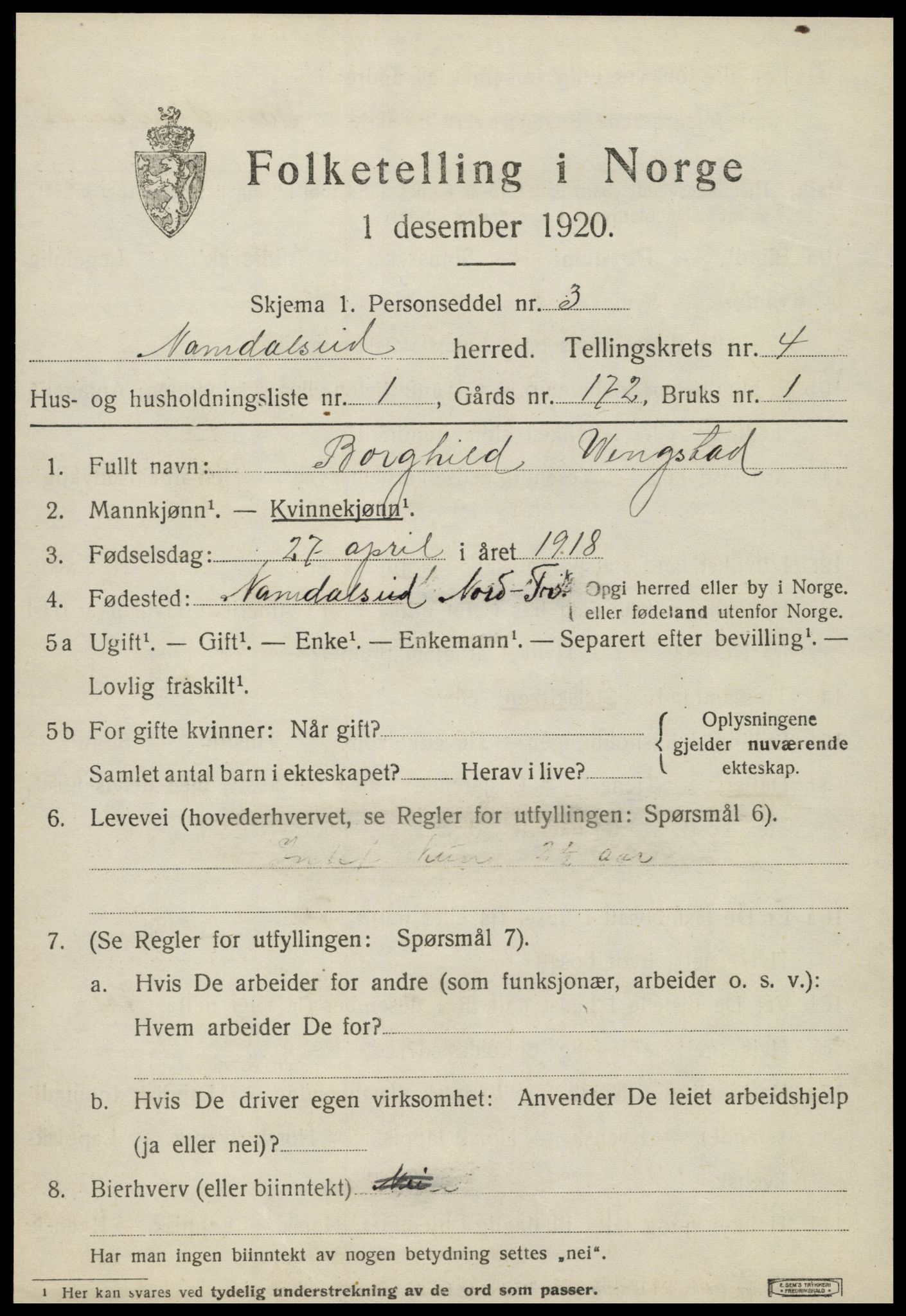 SAT, 1920 census for Namdalseid, 1920, p. 2932