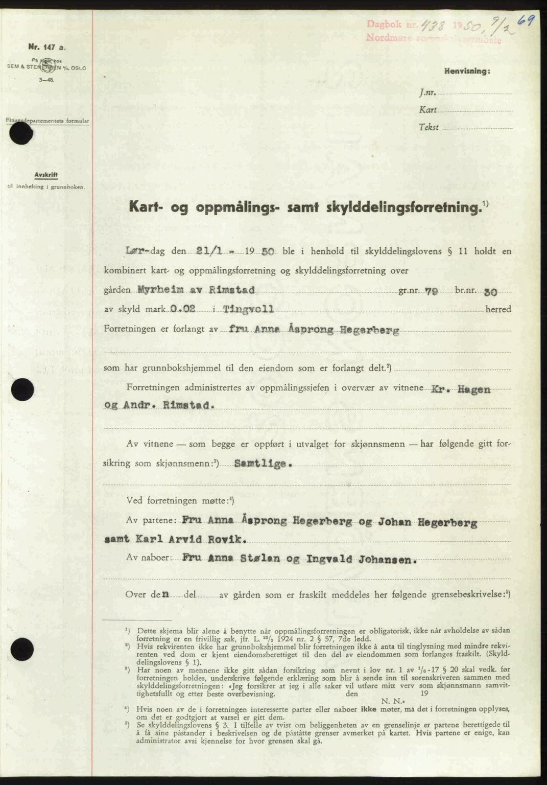 Nordmøre sorenskriveri, AV/SAT-A-4132/1/2/2Ca: Mortgage book no. A114, 1950-1950, Diary no: : 438/1950