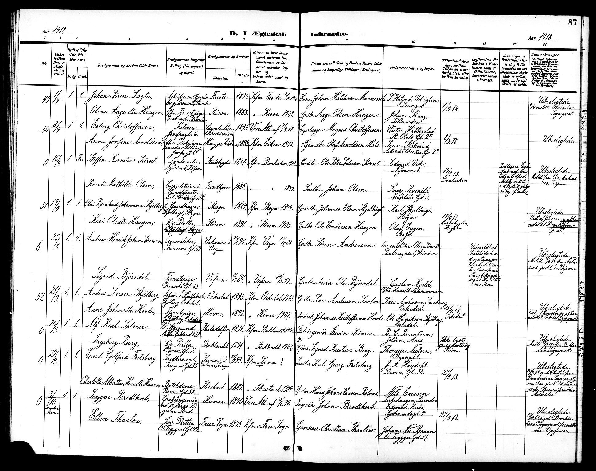 Ministerialprotokoller, klokkerbøker og fødselsregistre - Sør-Trøndelag, SAT/A-1456/602/L0145: Parish register (copy) no. 602C13, 1902-1919, p. 87