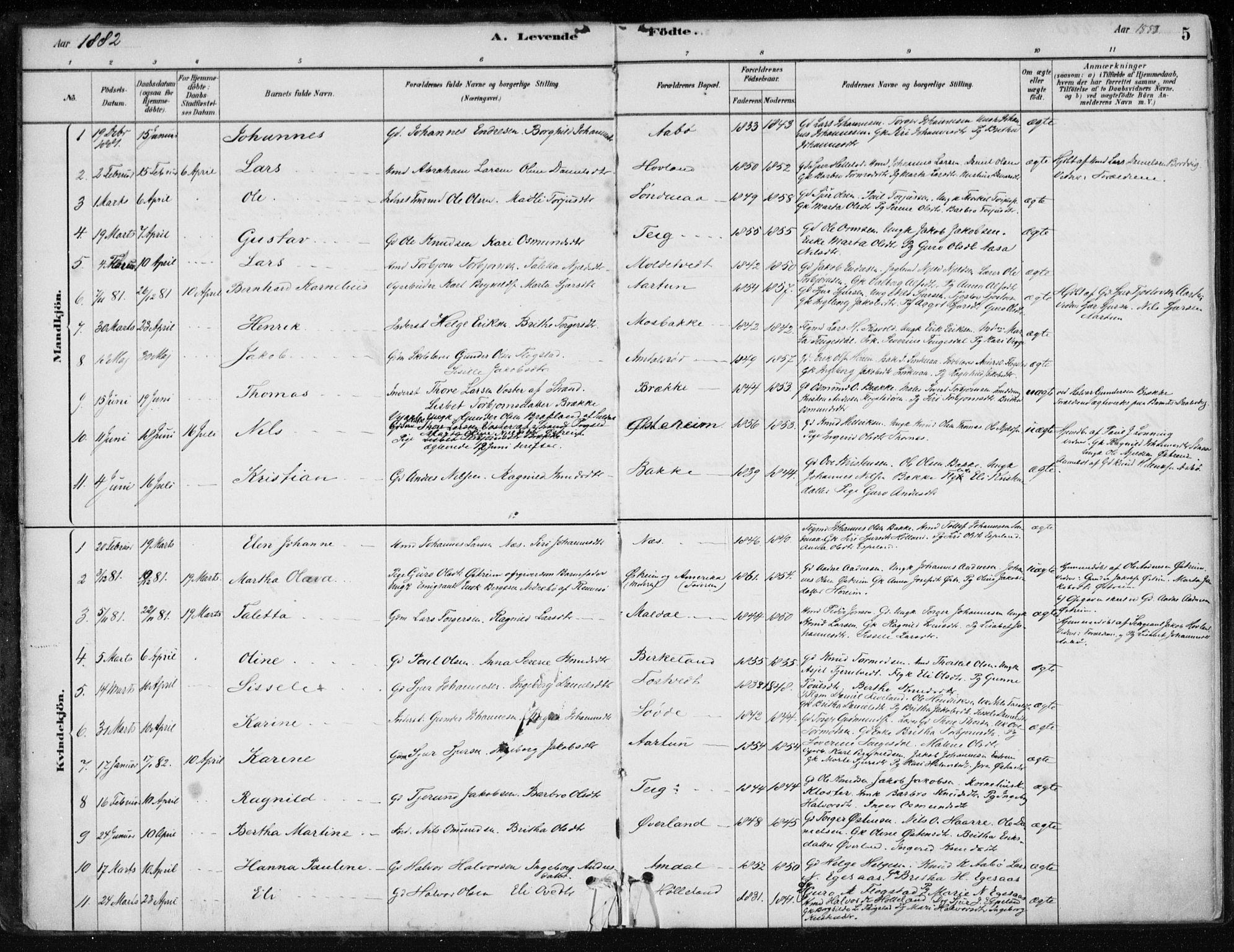 Sand sokneprestkontor, AV/SAST-A-101848/01/III/L0006: Parish register (official) no. A 6, 1880-1898, p. 5