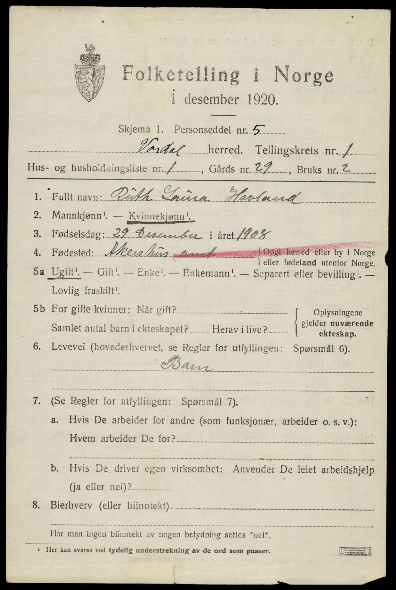 SAH, 1920 census for Vardal, 1920, p. 1953