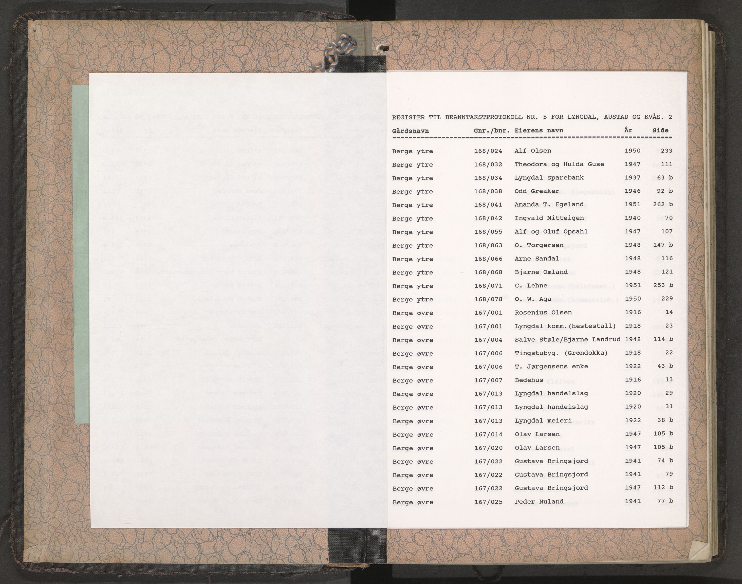 Norges Brannkasse Lyngdal, AV/SAK-2241-0036/F/Fa/L0005: Branntakstprotokoll nr. 5, 1911-1951