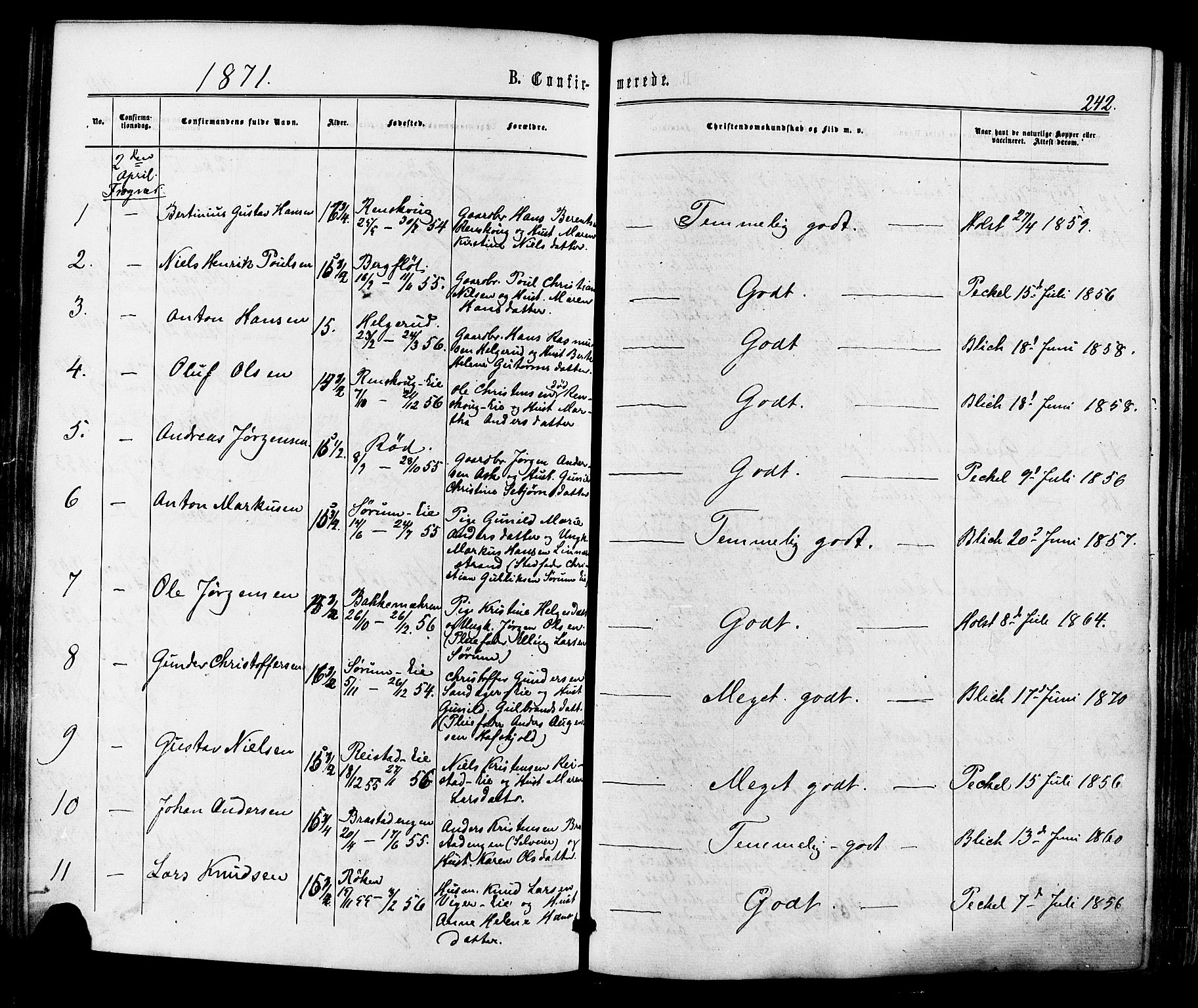 Lier kirkebøker, AV/SAKO-A-230/F/Fa/L0013: Parish register (official) no. I 13, 1865-1874, p. 242