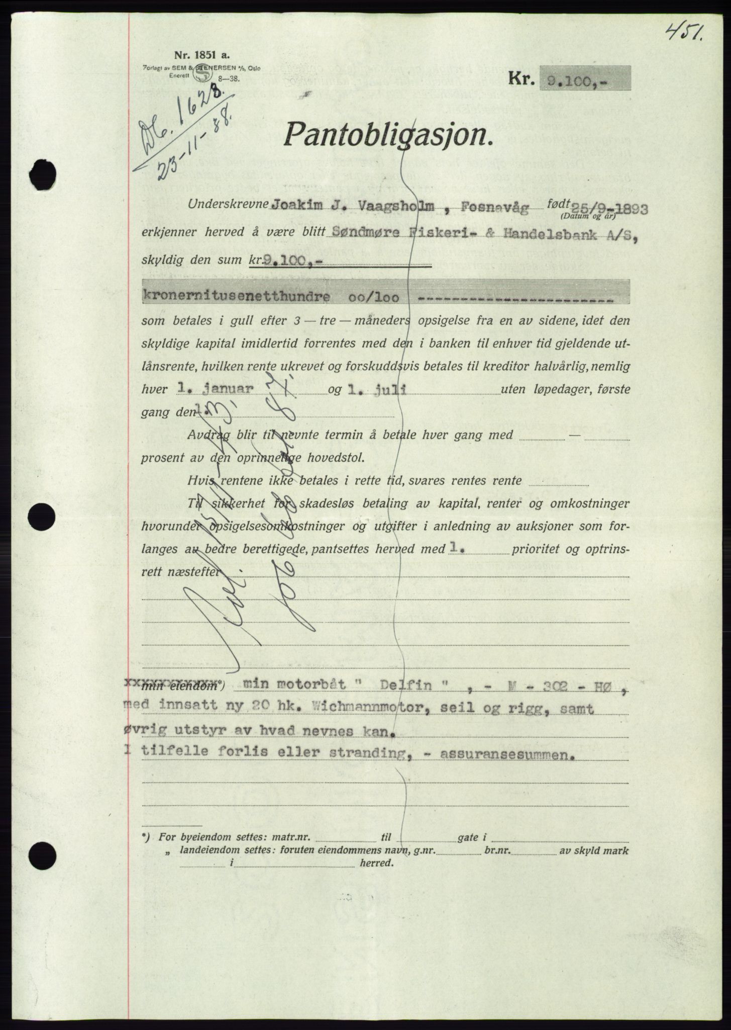 Søre Sunnmøre sorenskriveri, AV/SAT-A-4122/1/2/2C/L0066: Mortgage book no. 60, 1938-1938, Diary no: : 1628/1938