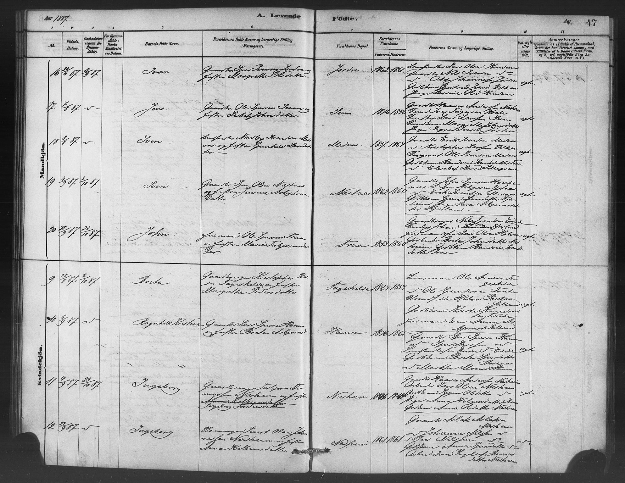 Ulvik sokneprestembete, SAB/A-78801/H/Haa: Parish register (official) no. C 1, 1878-1903, p. 47