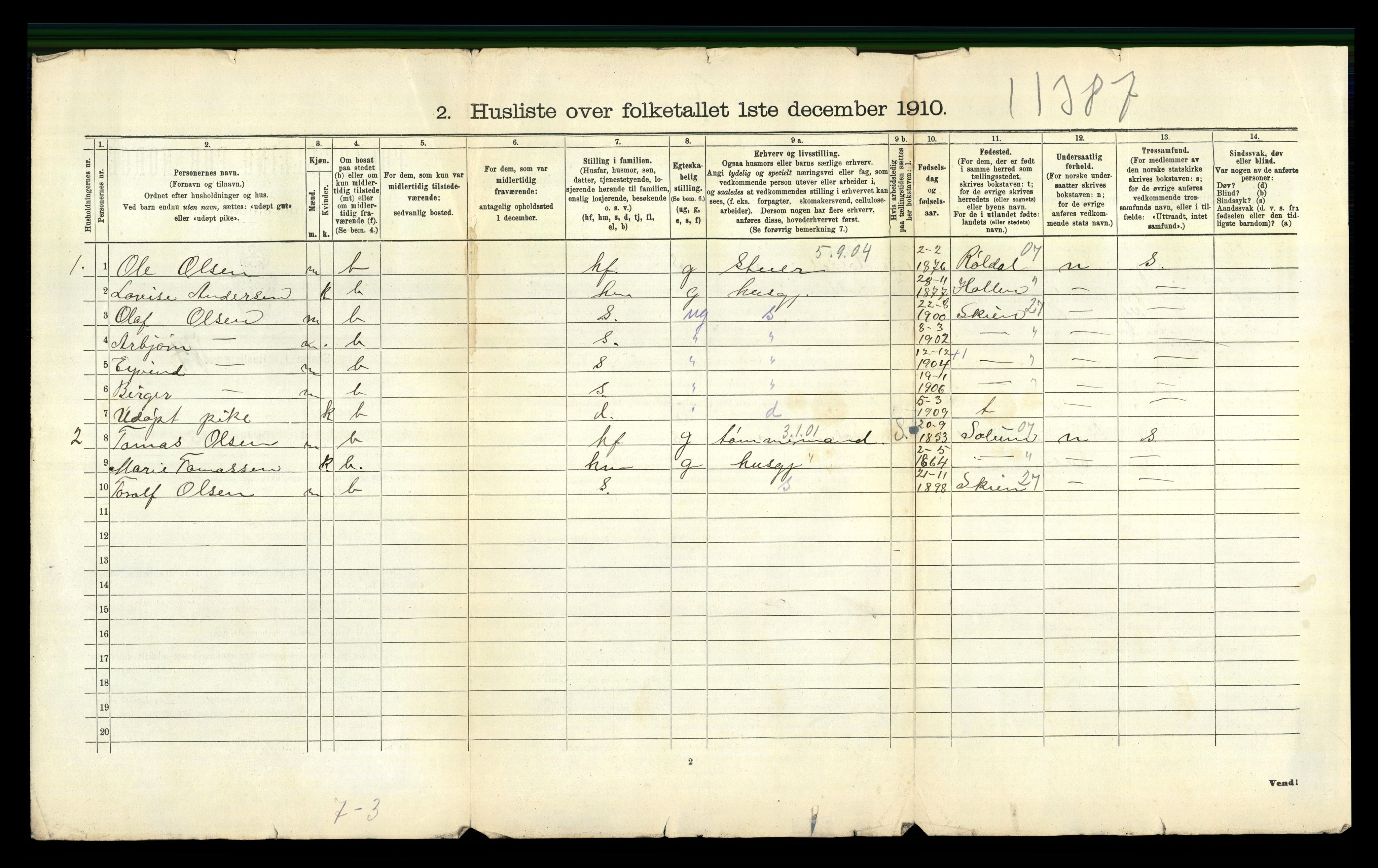 RA, 1910 census for Gjerpen, 1910, p. 1302