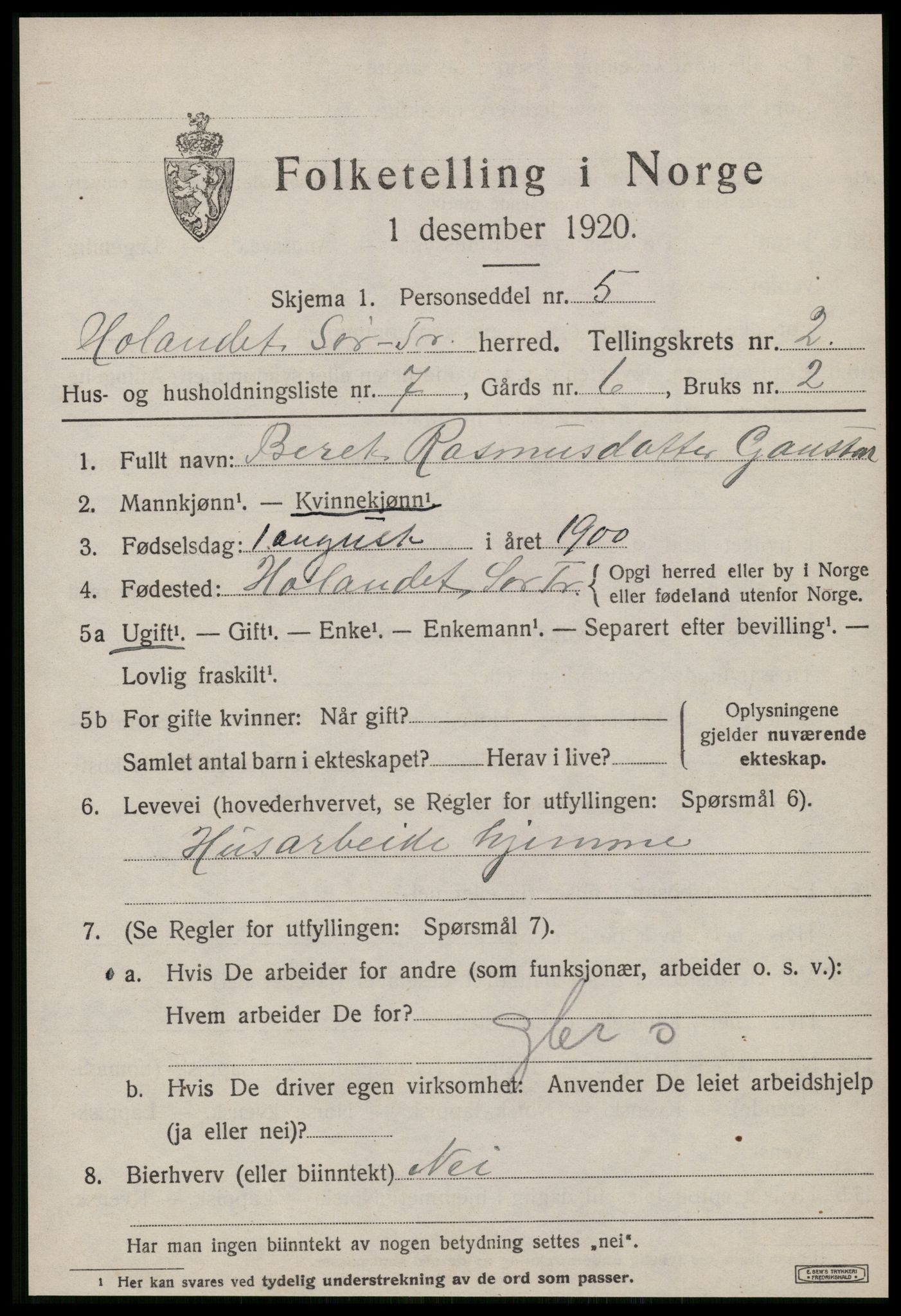 SAT, 1920 census for Hølonda, 1920, p. 601