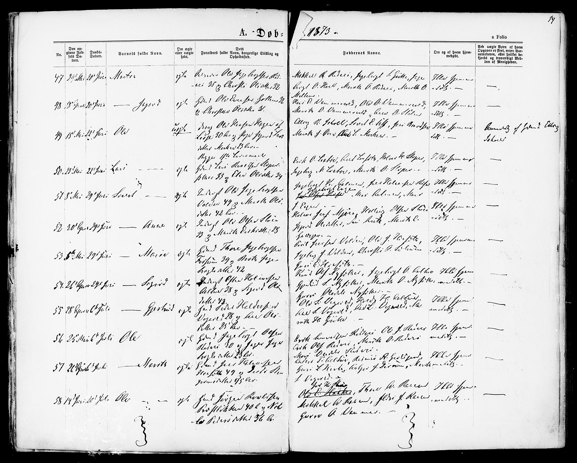 Ministerialprotokoller, klokkerbøker og fødselsregistre - Sør-Trøndelag, AV/SAT-A-1456/678/L0900: Parish register (official) no. 678A09, 1872-1881, p. 14