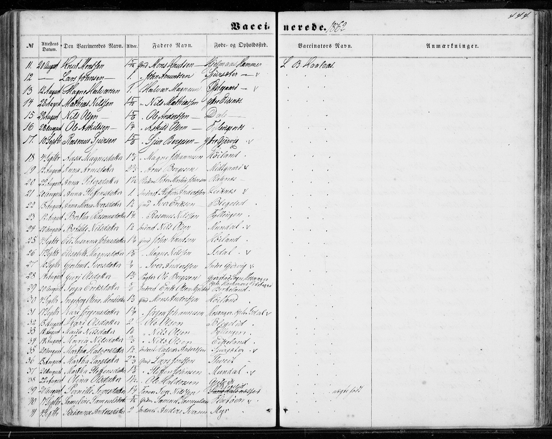 Hamre sokneprestembete, AV/SAB-A-75501/H/Ha/Haa/Haaa/L0014: Parish register (official) no. A 14, 1858-1872, p. 444