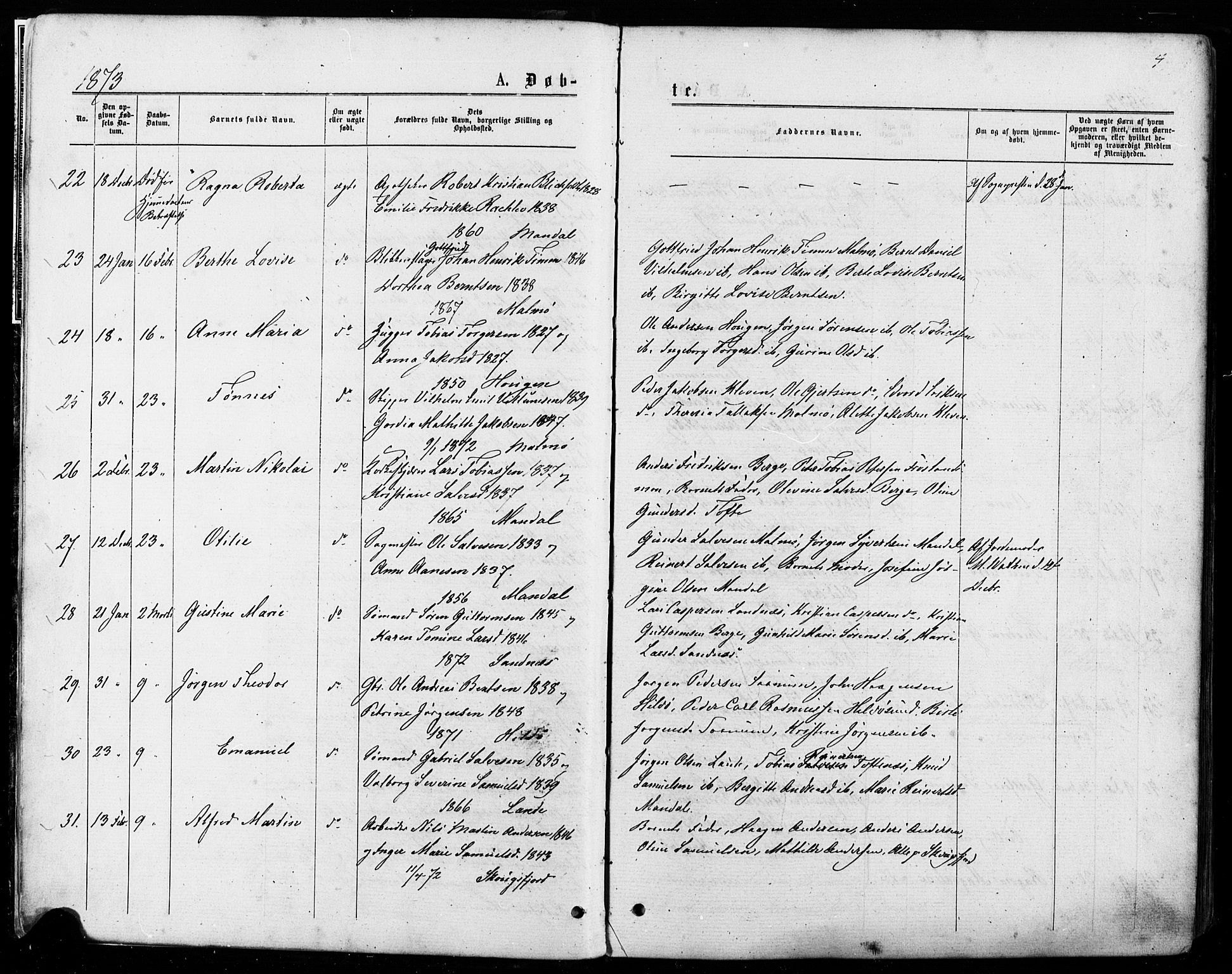 Mandal sokneprestkontor, AV/SAK-1111-0030/F/Fa/Faa/L0015: Parish register (official) no. A 15, 1873-1879, p. 4