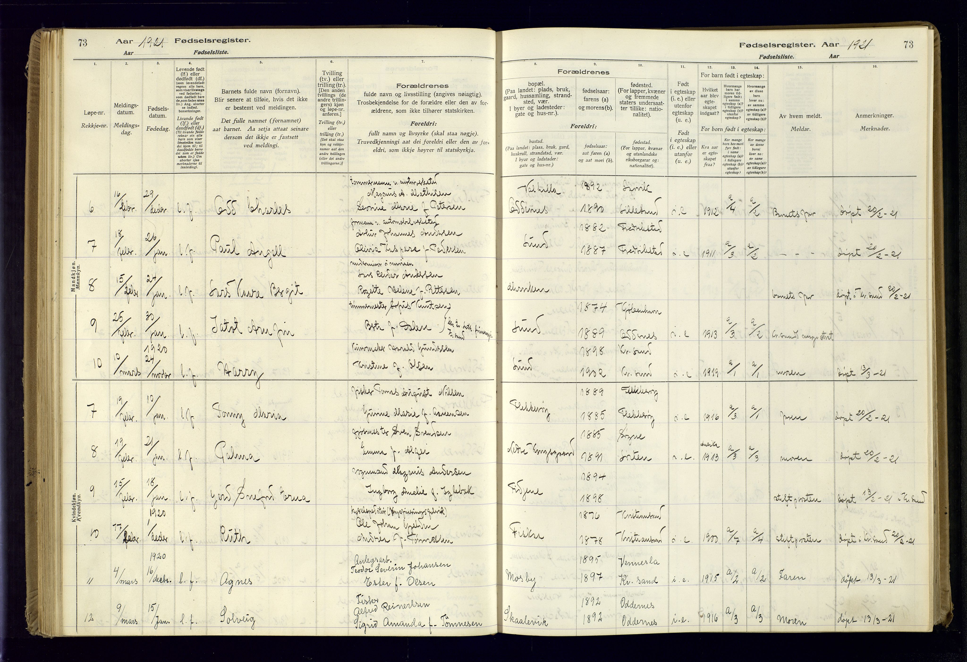 Oddernes sokneprestkontor, AV/SAK-1111-0033/J/Ja/L0001: Birth register no. 1, 1916-1935, p. 73