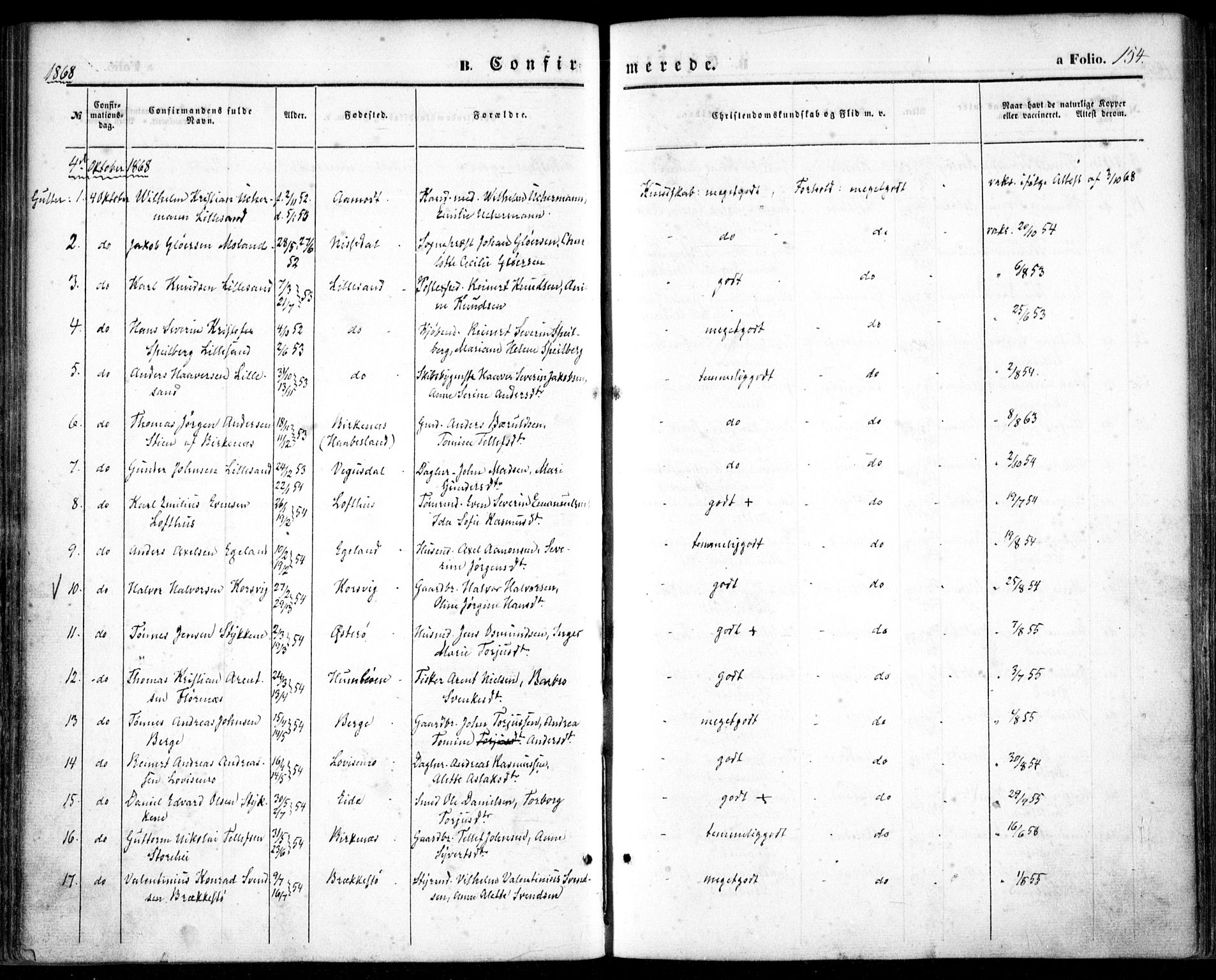 Vestre Moland sokneprestkontor, SAK/1111-0046/F/Fa/Fab/L0007: Parish register (official) no. A 7, 1859-1872, p. 154