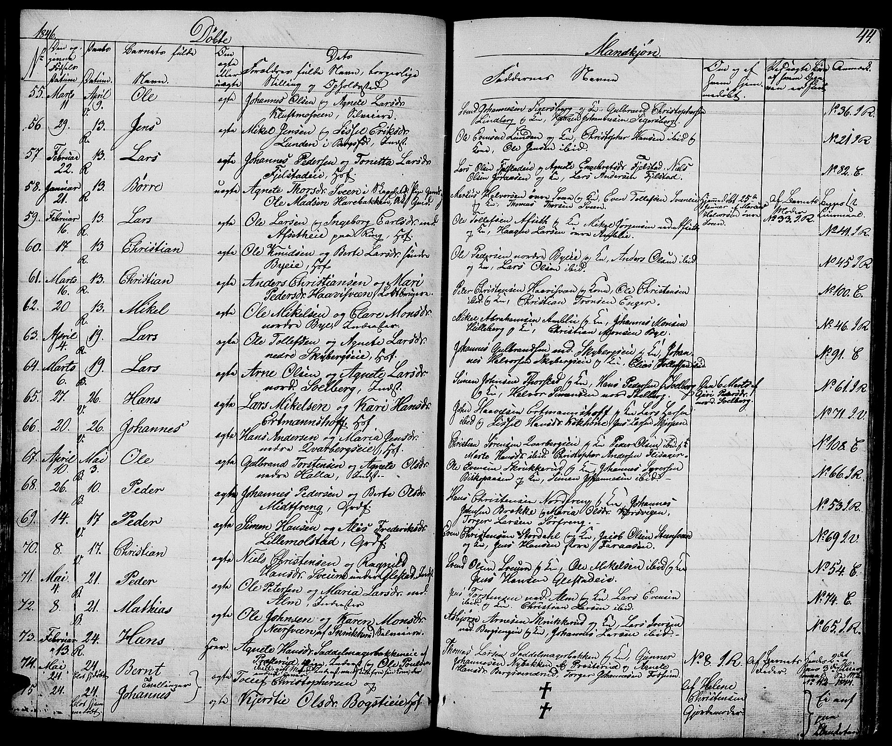 Ringsaker prestekontor, AV/SAH-PREST-014/L/La/L0005: Parish register (copy) no. 5, 1839-1850, p. 44