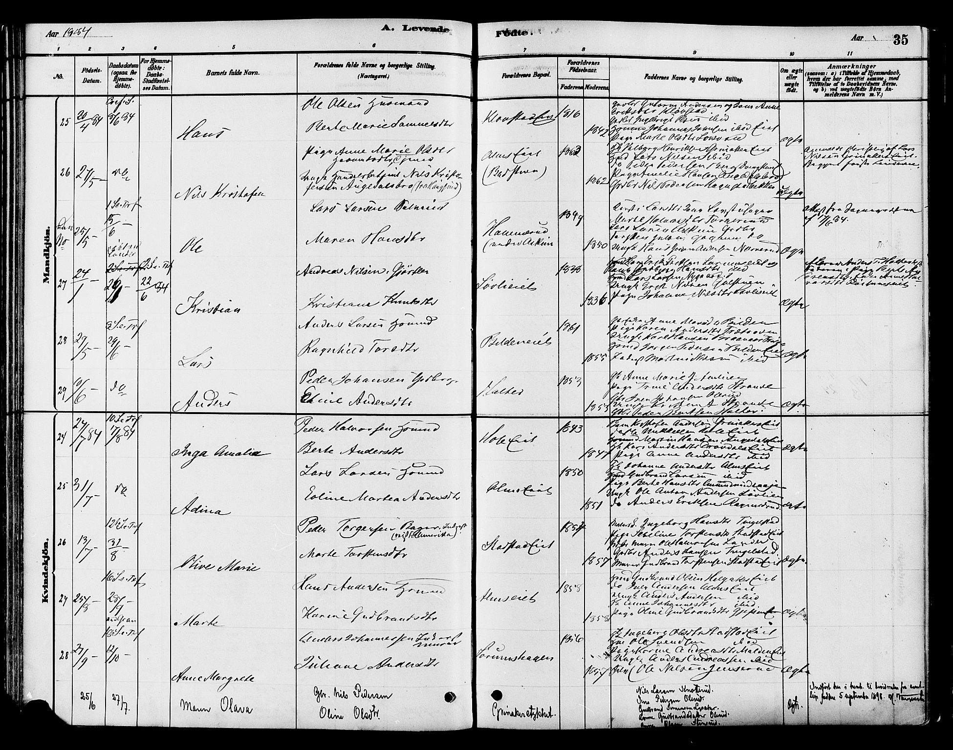 Gran prestekontor, SAH/PREST-112/H/Ha/Haa/L0016: Parish register (official) no. 16, 1880-1888, p. 35