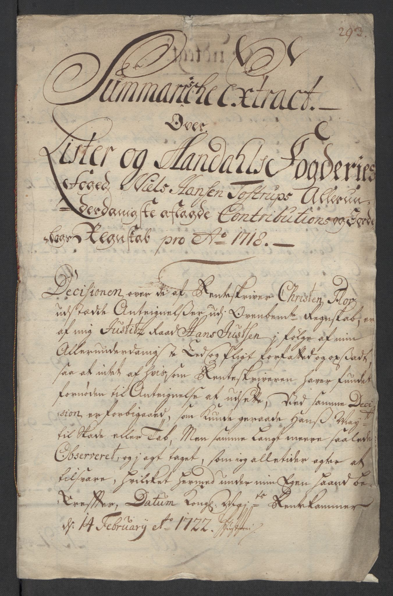 Rentekammeret inntil 1814, Reviderte regnskaper, Fogderegnskap, AV/RA-EA-4092/R43/L2563: Fogderegnskap Lista og Mandal, 1718, p. 19