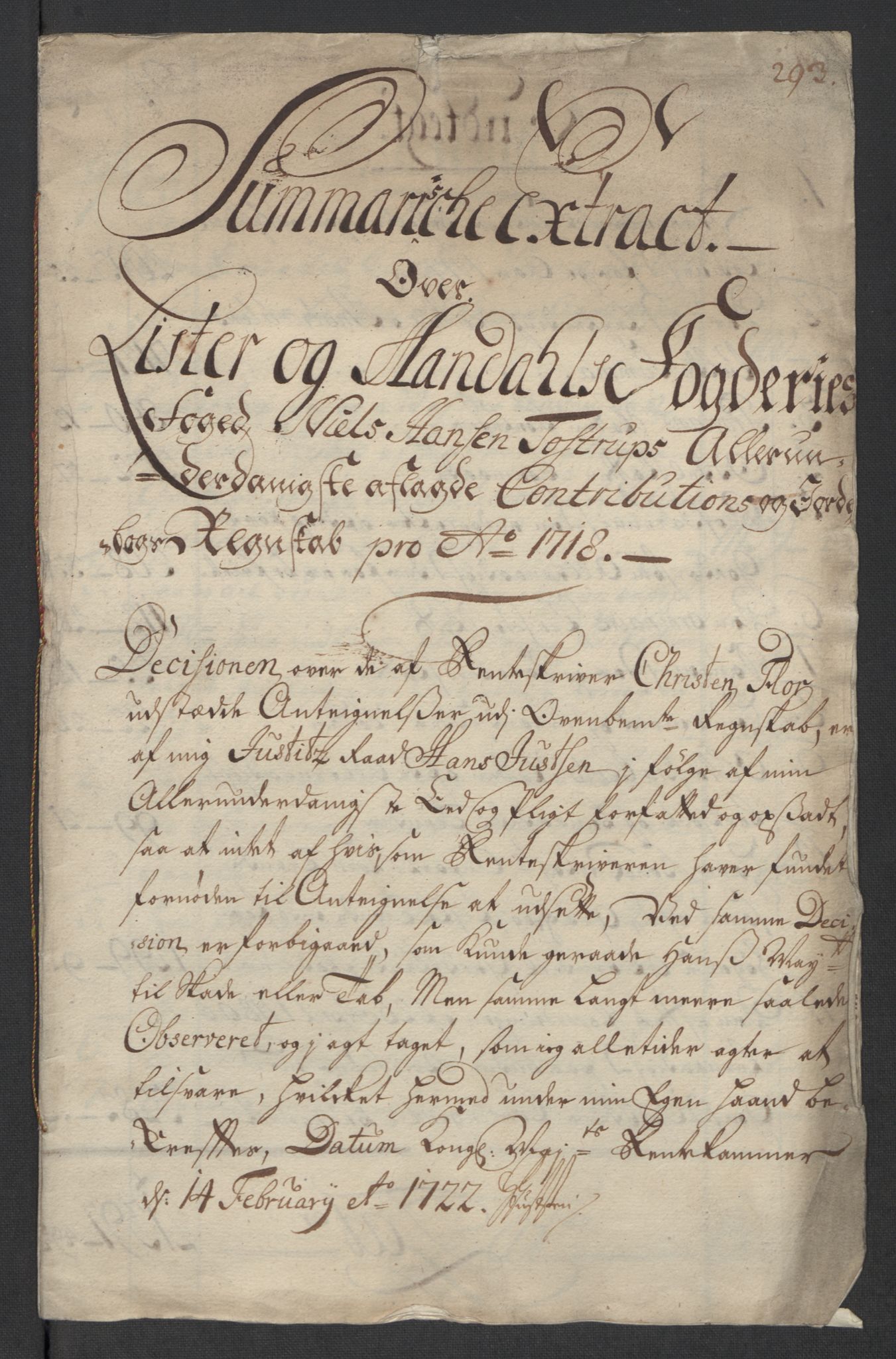 Rentekammeret inntil 1814, Reviderte regnskaper, Fogderegnskap, RA/EA-4092/R43/L2563: Fogderegnskap Lista og Mandal, 1718, p. 19