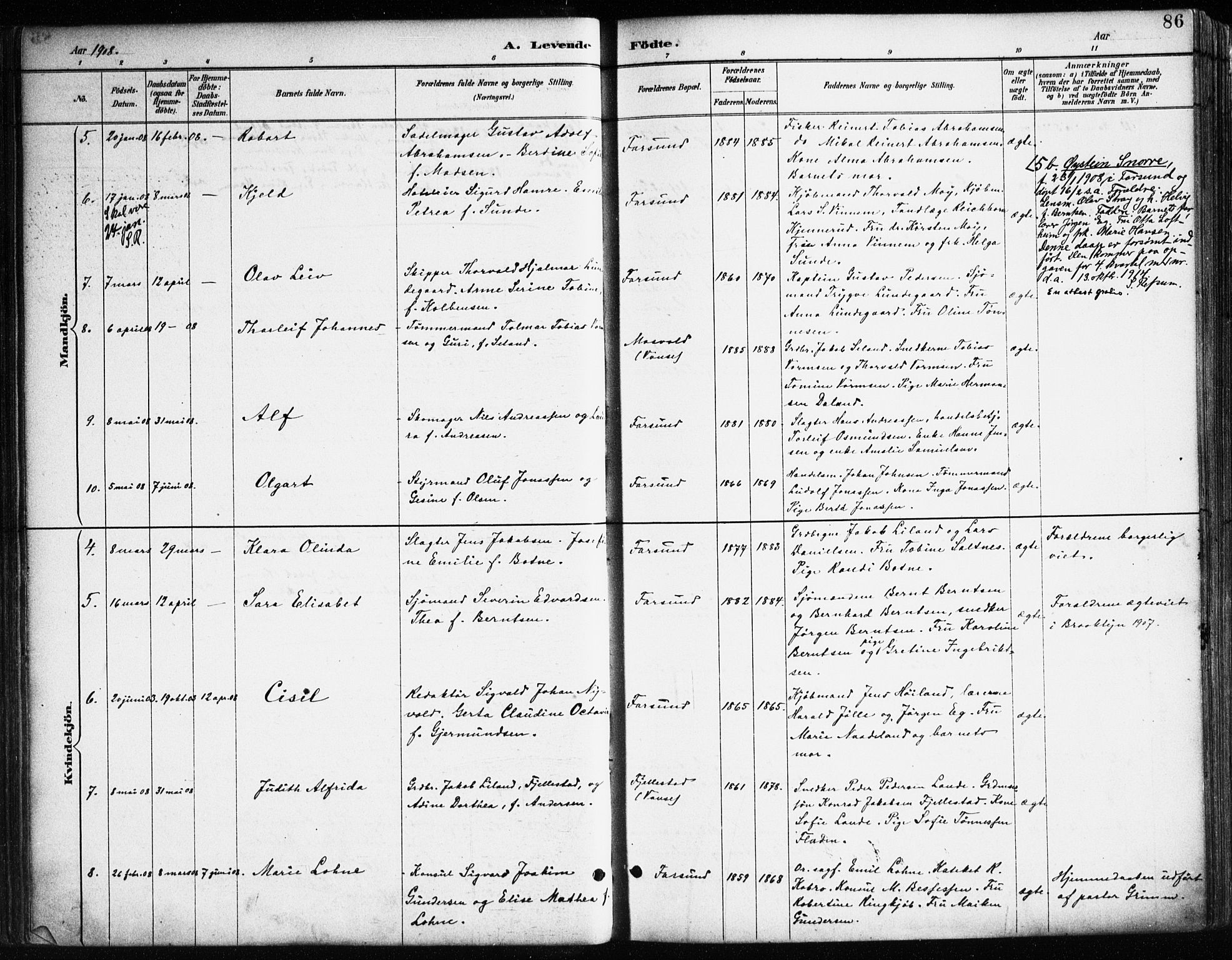 Farsund sokneprestkontor, AV/SAK-1111-0009/F/Fa/L0006: Parish register (official) no. A 6, 1887-1920, p. 86