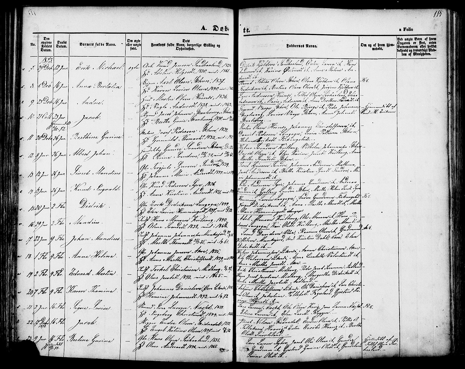 Skudenes sokneprestkontor, SAST/A -101849/H/Ha/Haa/L0006: Parish register (official) no. A 4, 1864-1881, p. 115
