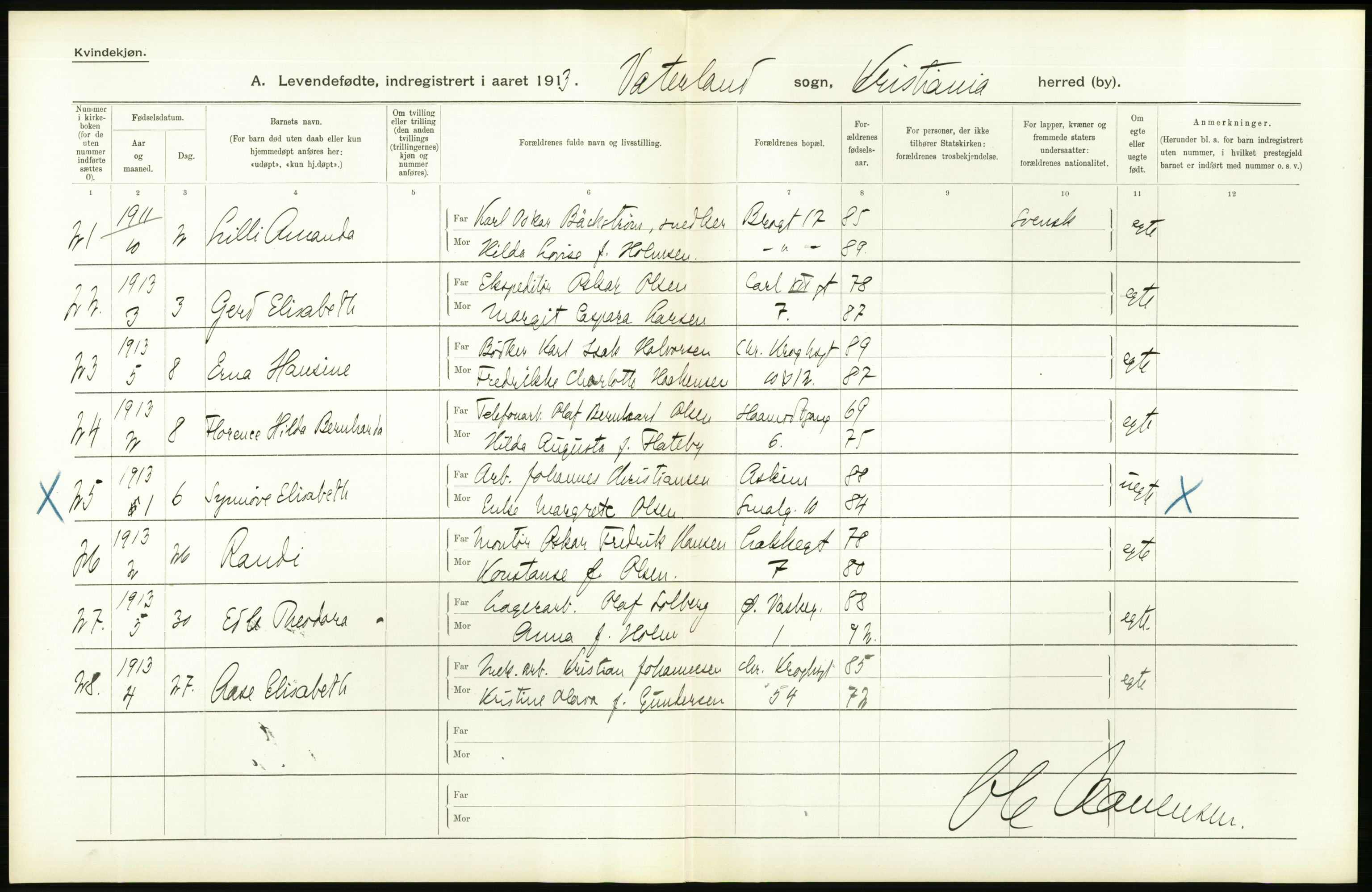 Statistisk sentralbyrå, Sosiodemografiske emner, Befolkning, AV/RA-S-2228/D/Df/Dfb/Dfbc/L0007: Kristiania: Levendefødte menn og kvinner., 1913, p. 544
