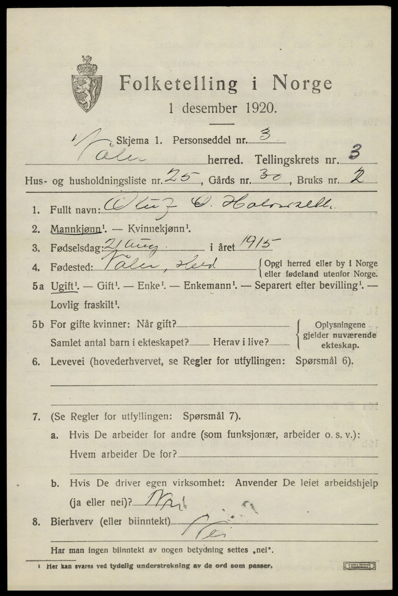 SAH, 1920 census for Våler (Hedmark), 1920, p. 3649