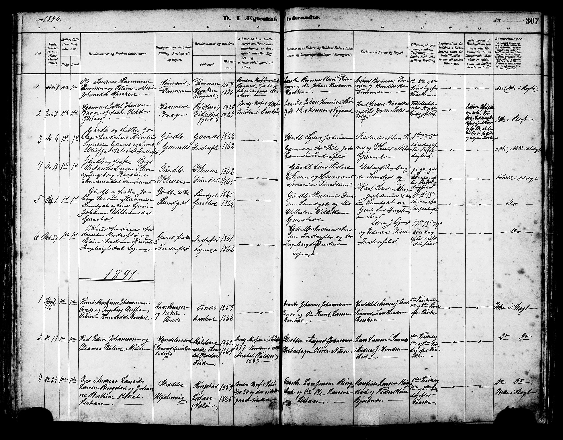 Ministerialprotokoller, klokkerbøker og fødselsregistre - Møre og Romsdal, AV/SAT-A-1454/509/L0112: Parish register (copy) no. 509C02, 1883-1922, p. 307