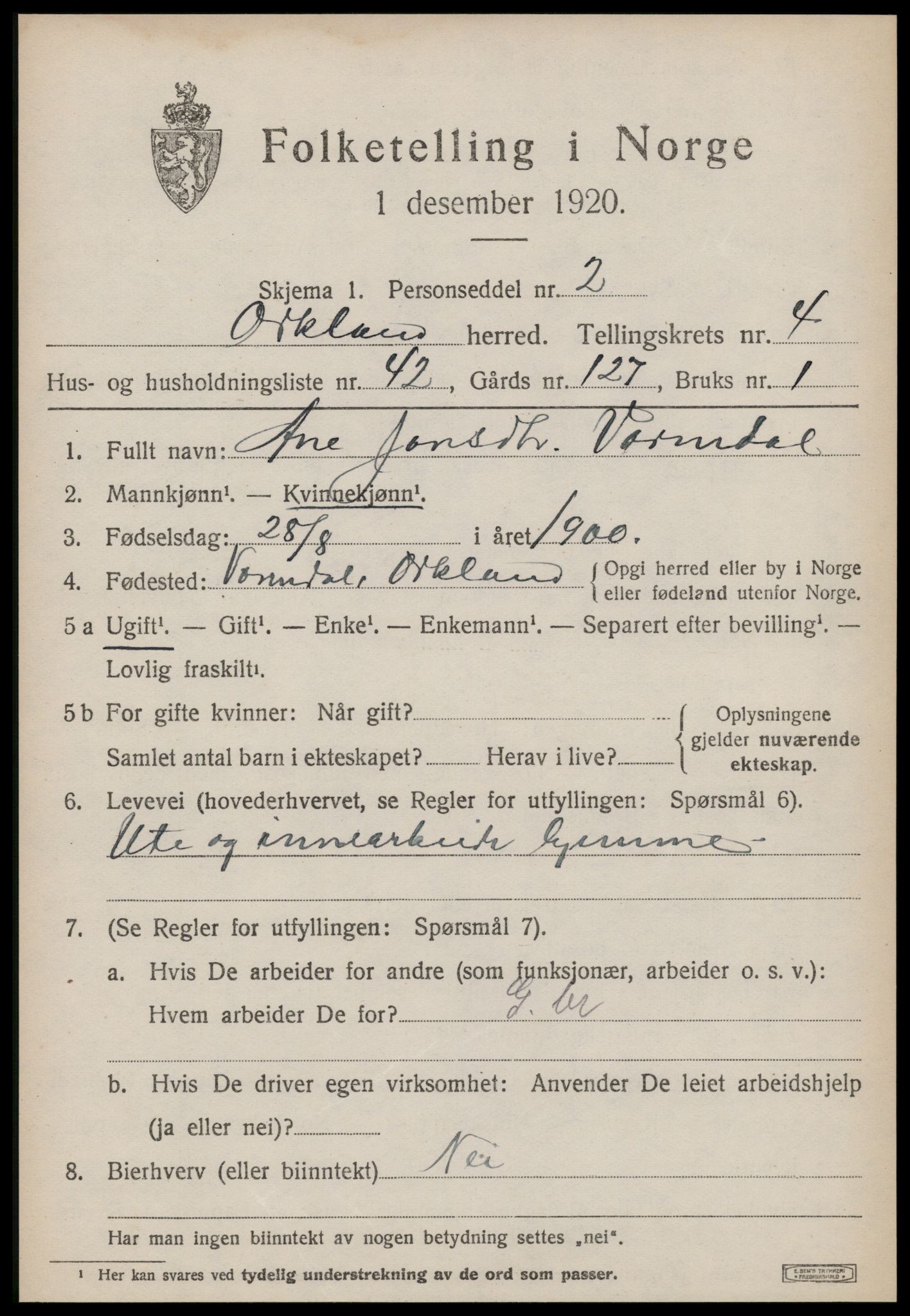 SAT, 1920 census for Orkland, 1920, p. 3792