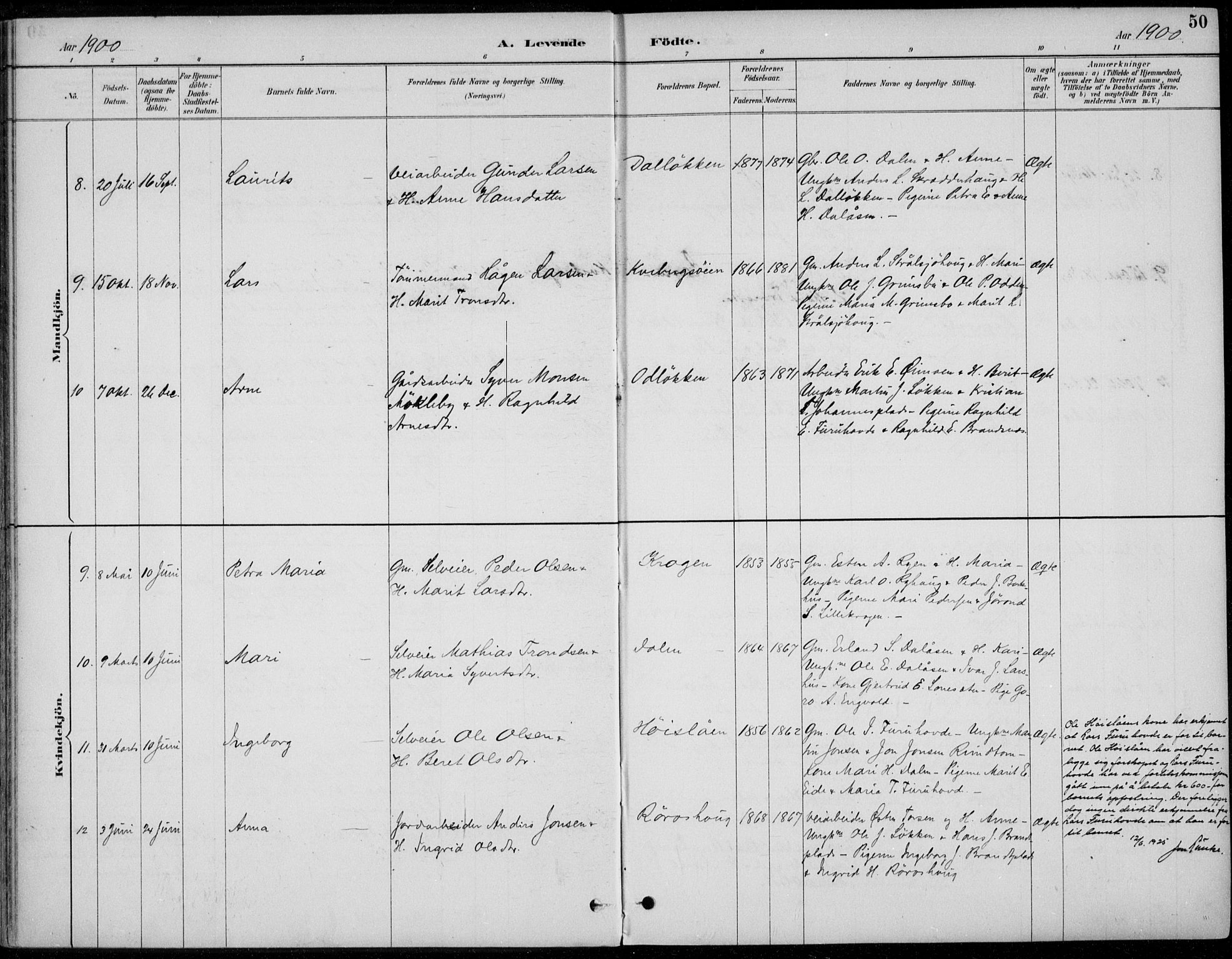 Alvdal prestekontor, AV/SAH-PREST-060/H/Ha/Haa/L0003: Parish register (official) no. 3, 1886-1912, p. 50