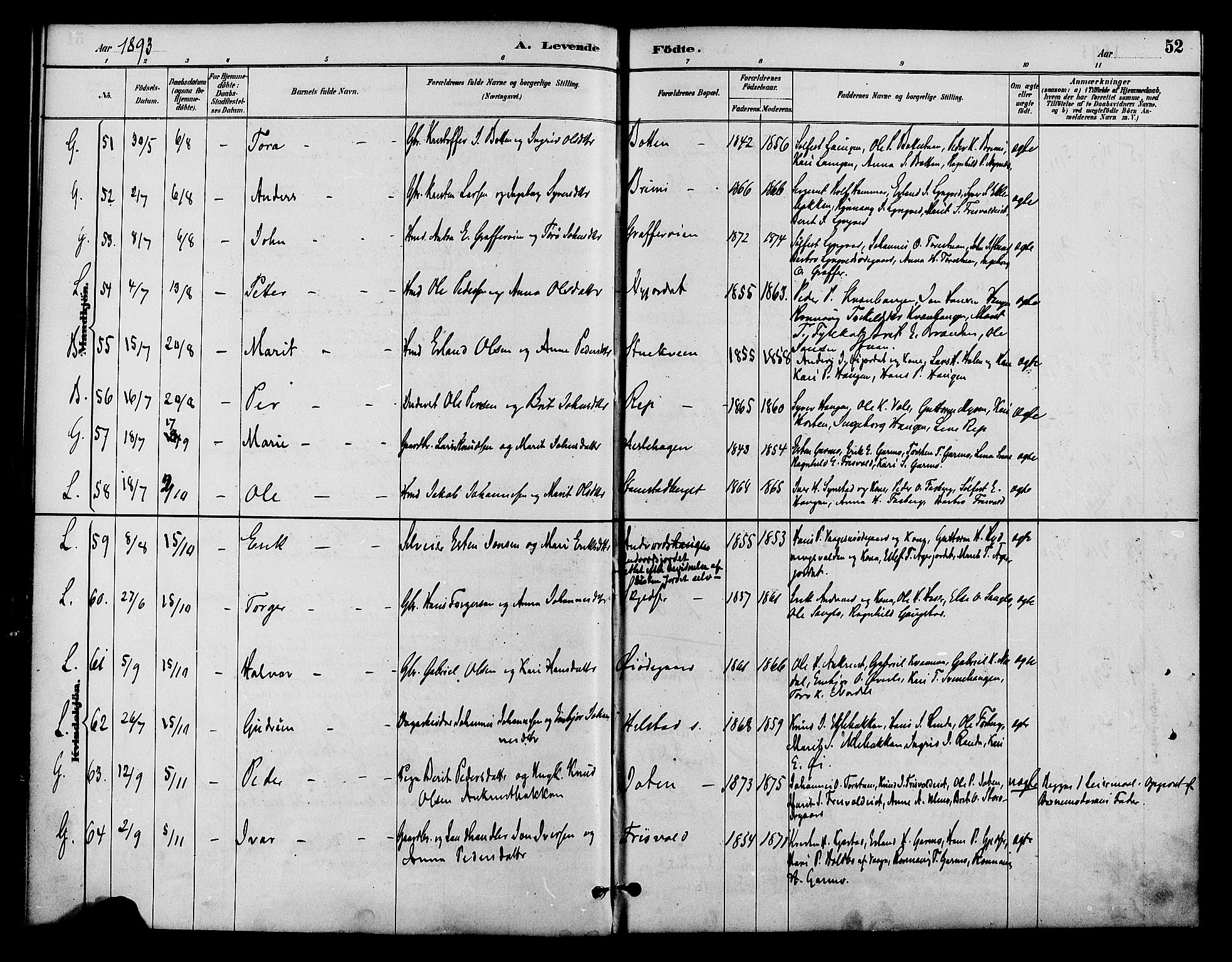 Lom prestekontor, AV/SAH-PREST-070/K/L0008: Parish register (official) no. 8, 1885-1898, p. 52