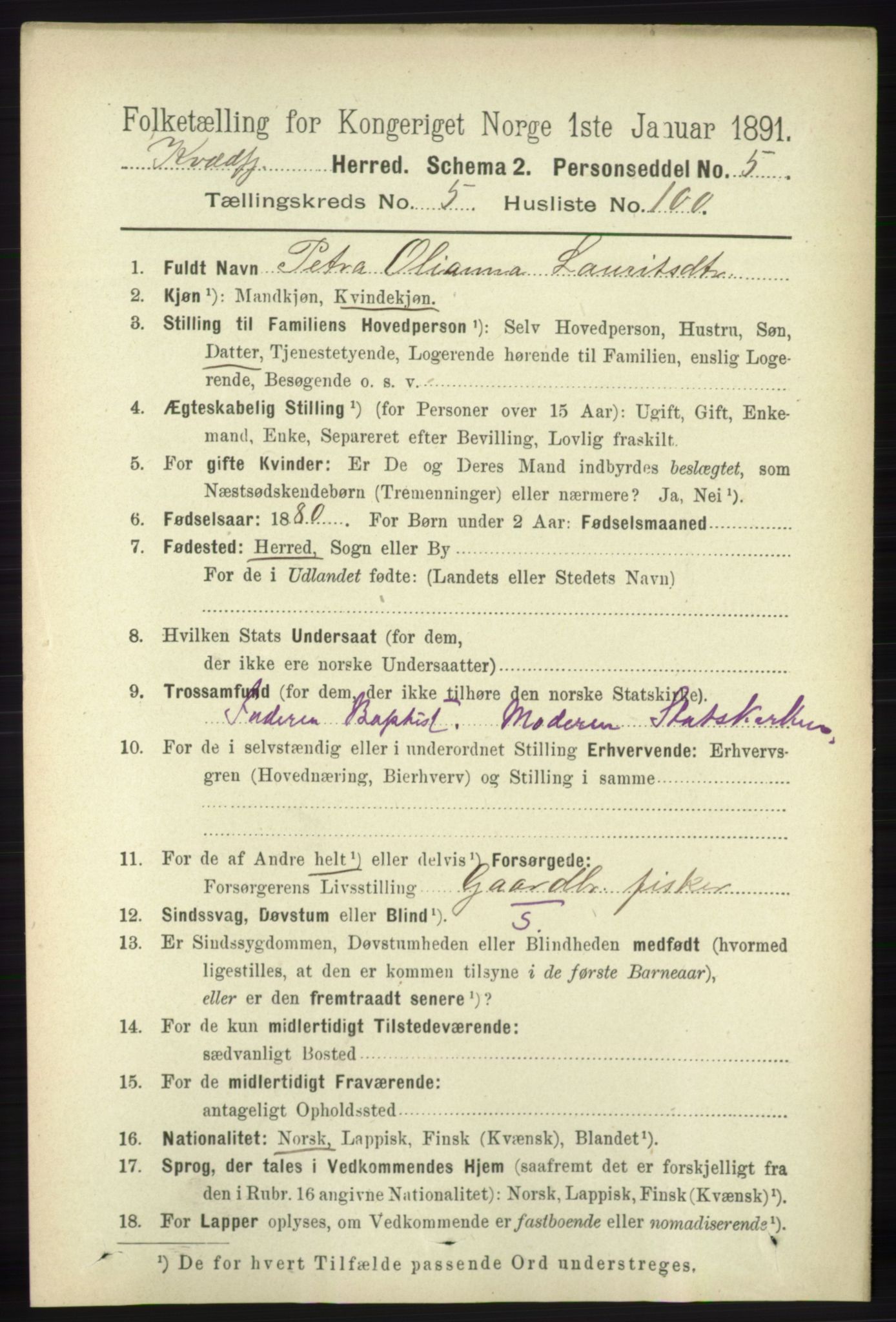 RA, 1891 census for 1911 Kvæfjord, 1891, p. 3471