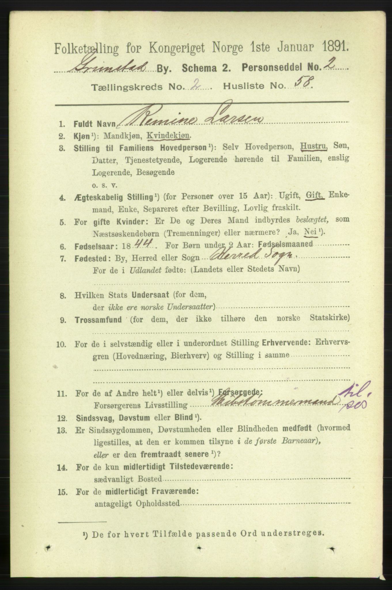 RA, 1891 census for 0904 Grimstad, 1891, p. 1902