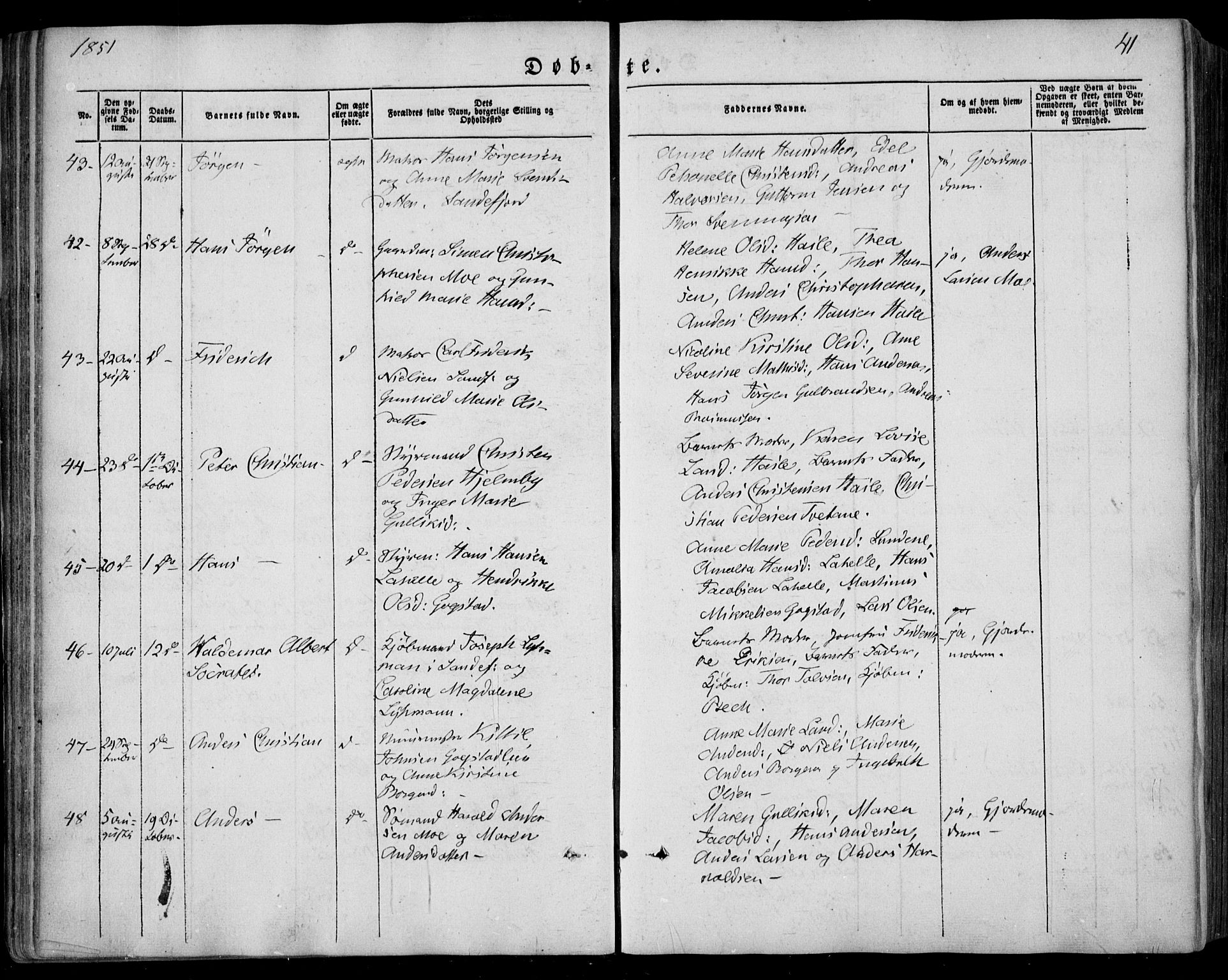 Sandar kirkebøker, SAKO/A-243/F/Fa/L0006: Parish register (official) no. 6, 1847-1860, p. 41